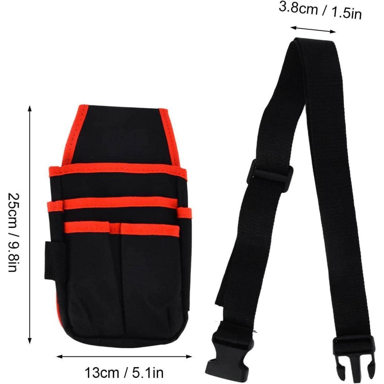 Eine kleine schwarze und rote Werkzeugtasche mit Abmessungen von 25 cm/9,8 Zoll Höhe und 13 cm/5,1 Zoll Breite, ausgestattet mit einem verstellbaren Gurt.