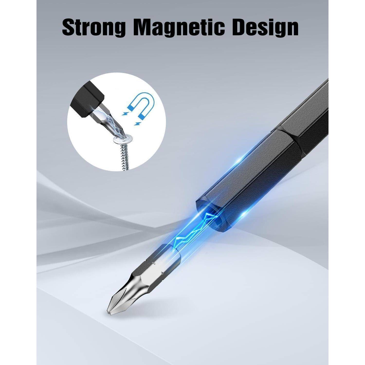 Nahaufnahme einer magnetischen Schraubendreherspitze, die einen Schrauben anzieht, mit dem Text 
