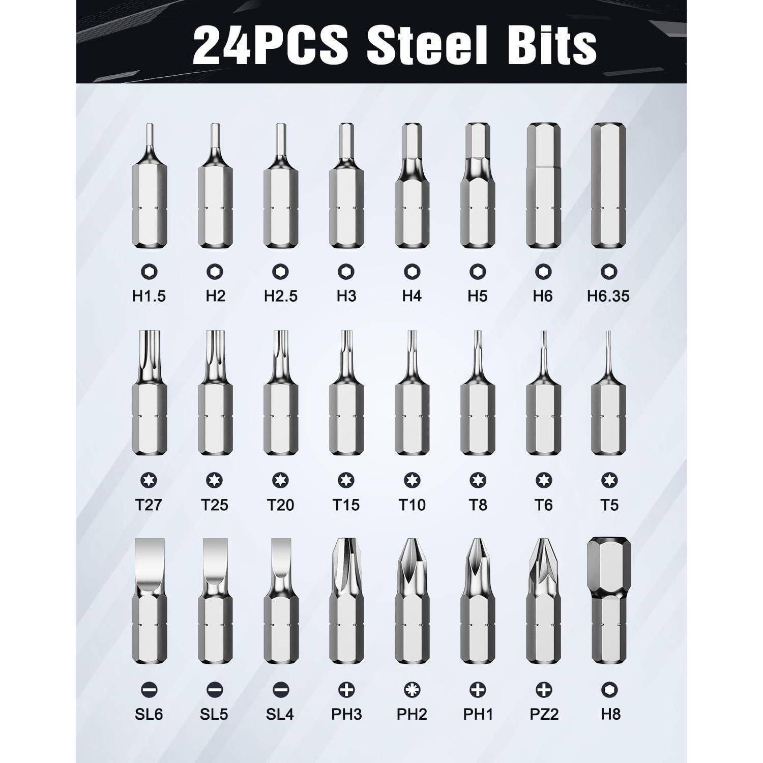 24-teiliges Stahlbits'-Set umfasst verschiedene Sechskant-, Torx- und Kreuzschlitz-Schraubendreherköpfe, die nach Größe beschriftet sind.