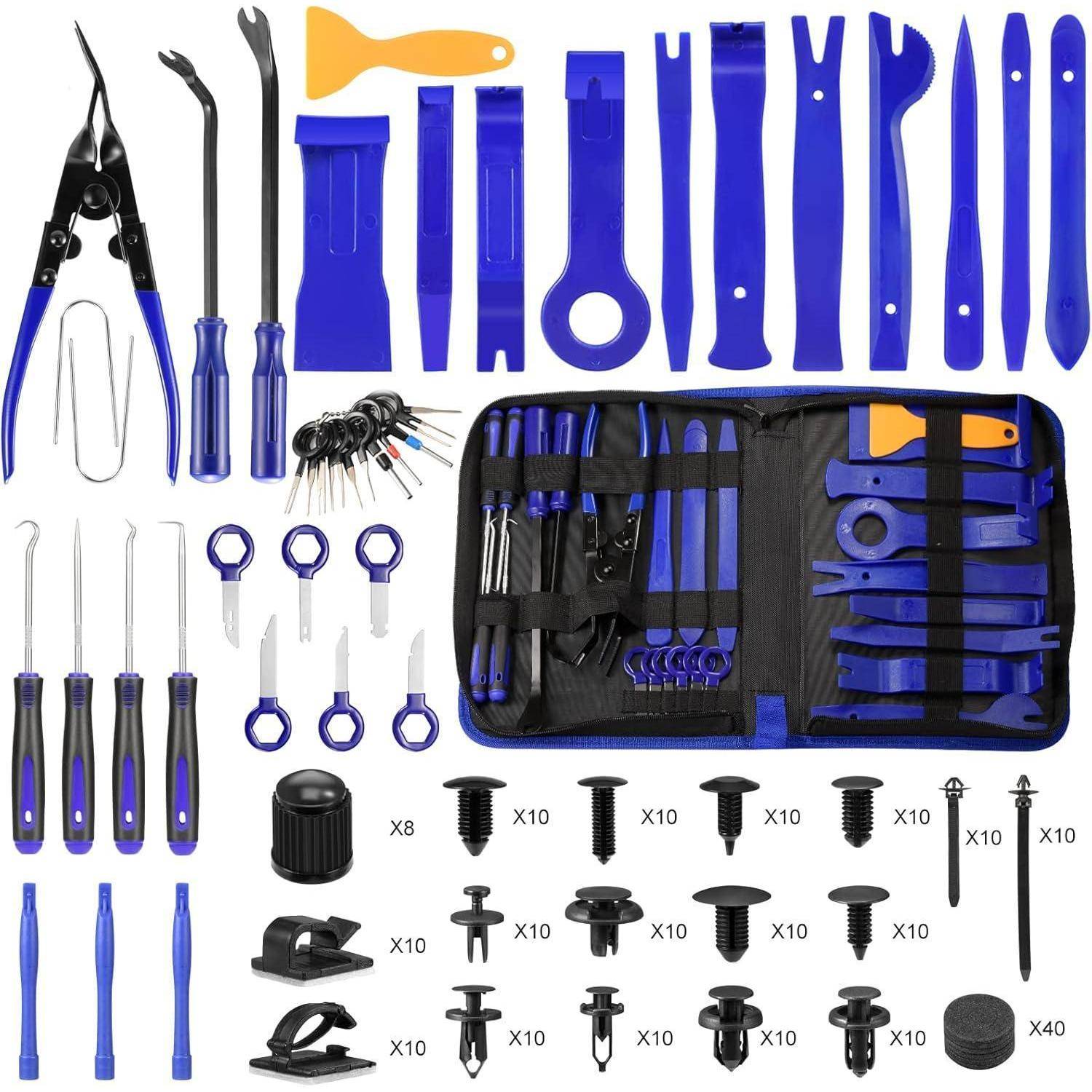 Ein umfassendes Autozierteil-Ausbau-Werkzeugset, bestehend aus blauen und schwarzen Werkzeugen in verschiedenen Formen und Größen, darunter Zangen, Hebel und Clips, übersichtlich in einer Tragetasche mit Reißverschluss organisiert.