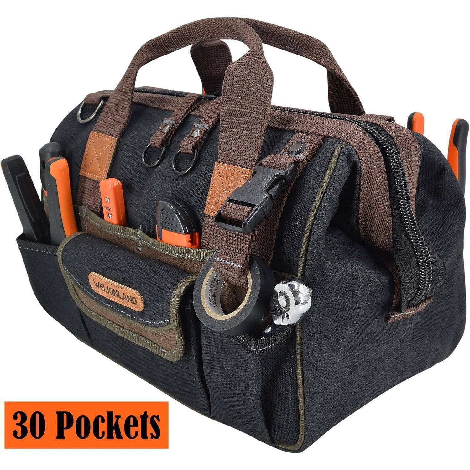 Schwarze Werkzeugtasche mit mehreren Fächern und braunen Griffen, die Taschen mit verschiedenen Werkzeugen präsentiert. Text zeigt '30 Taschen'.