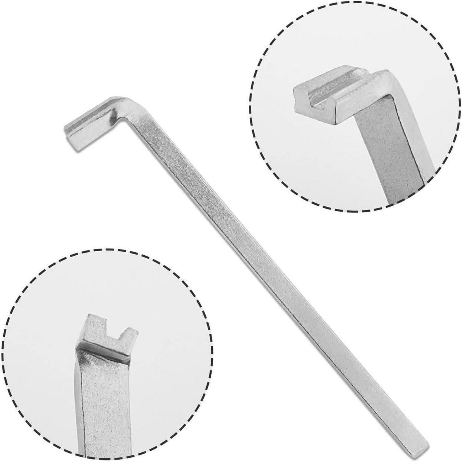 Ein Metallwerkzeug mit einem Haken an einem Ende und einer flachen Spitze am anderen Ende, in einer Nahaufnahme dargestellt, die seine Designdetails hervorhebt.