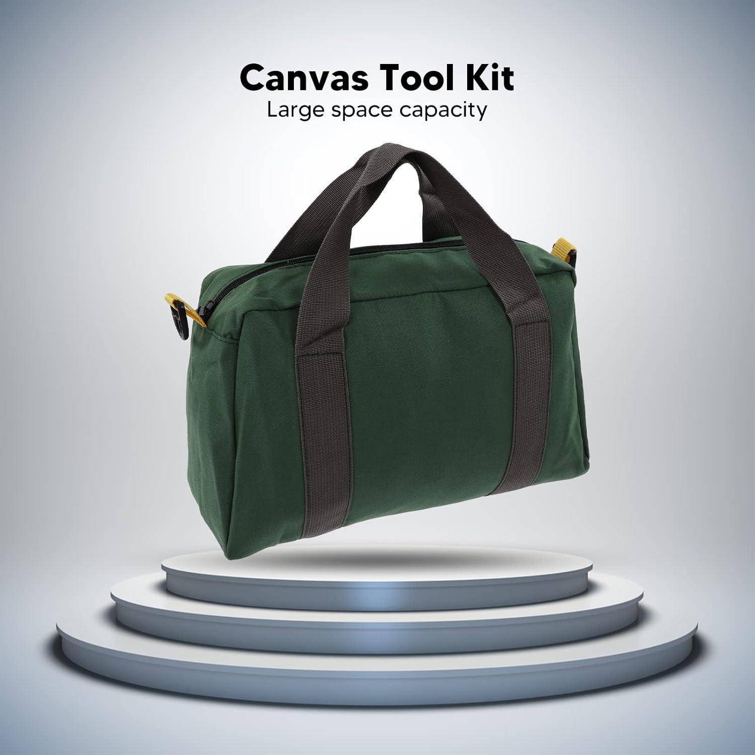 Grüne Werkzeugtasche aus Canvas mit schwarzen Griffen, als 'Canvas Werkzeug-Set' beschrieben mit 'Großer Raumkapazität', präsentiert auf einem modernen Podest.