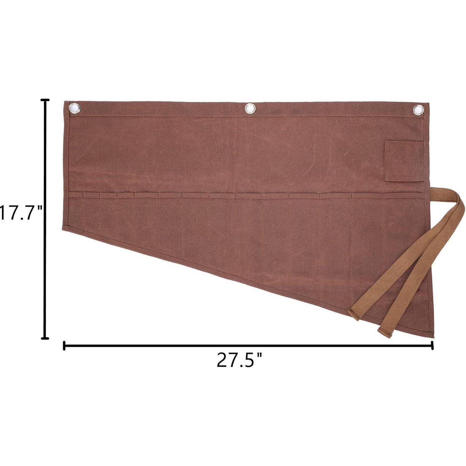 Ein brauner Werkzeugschurz mit beschrifteten Maßen: 45 cm hoch und 70 cm breit. Er verfügt über Taschen und verstellbare Riemen.