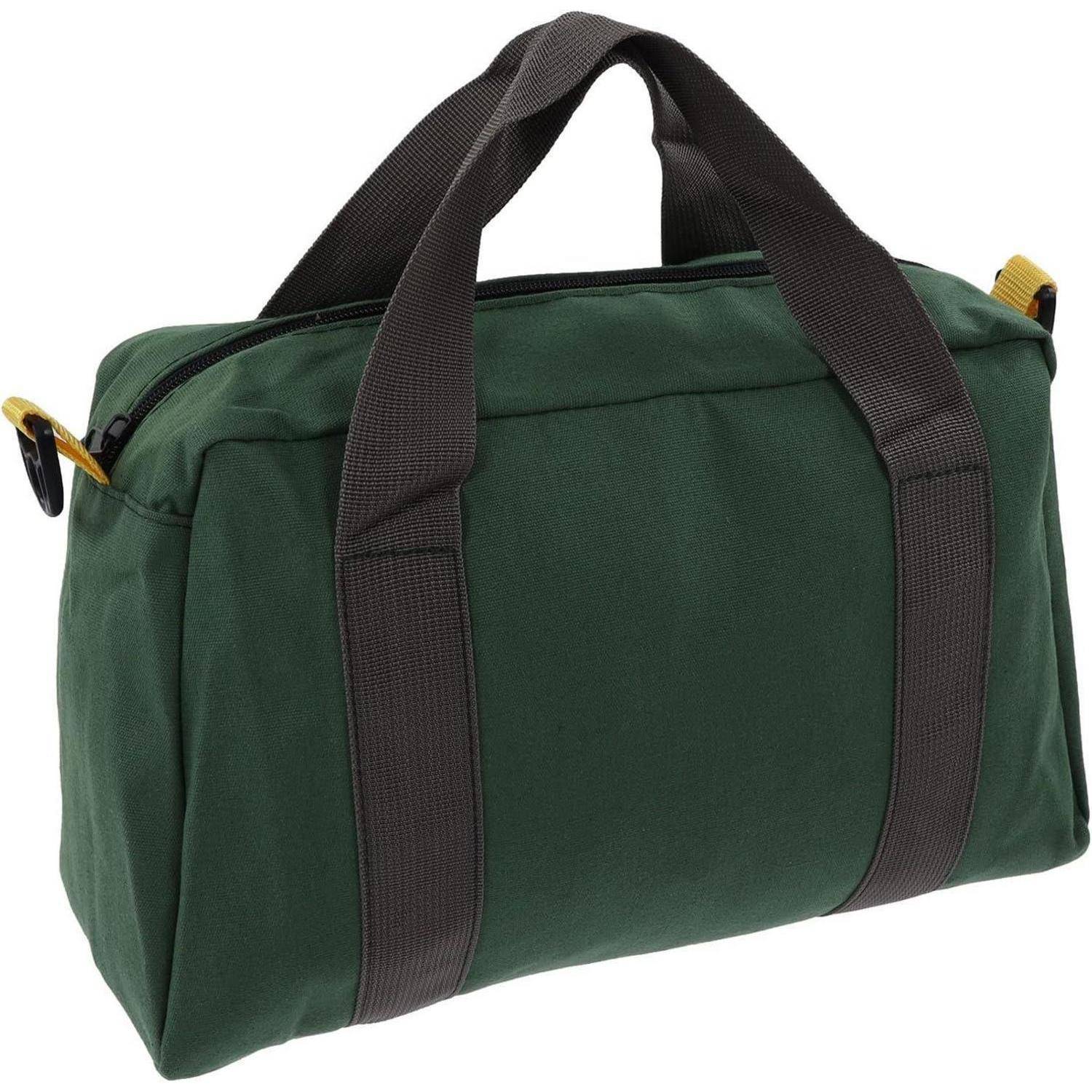 Eine grüne Sporttasche aus Stoff mit schwarzen Griffen und einem gelben Reißverschluss. Die Tasche wirkt kompakt und eignet sich gut zum Transportieren von Grundbedarf.