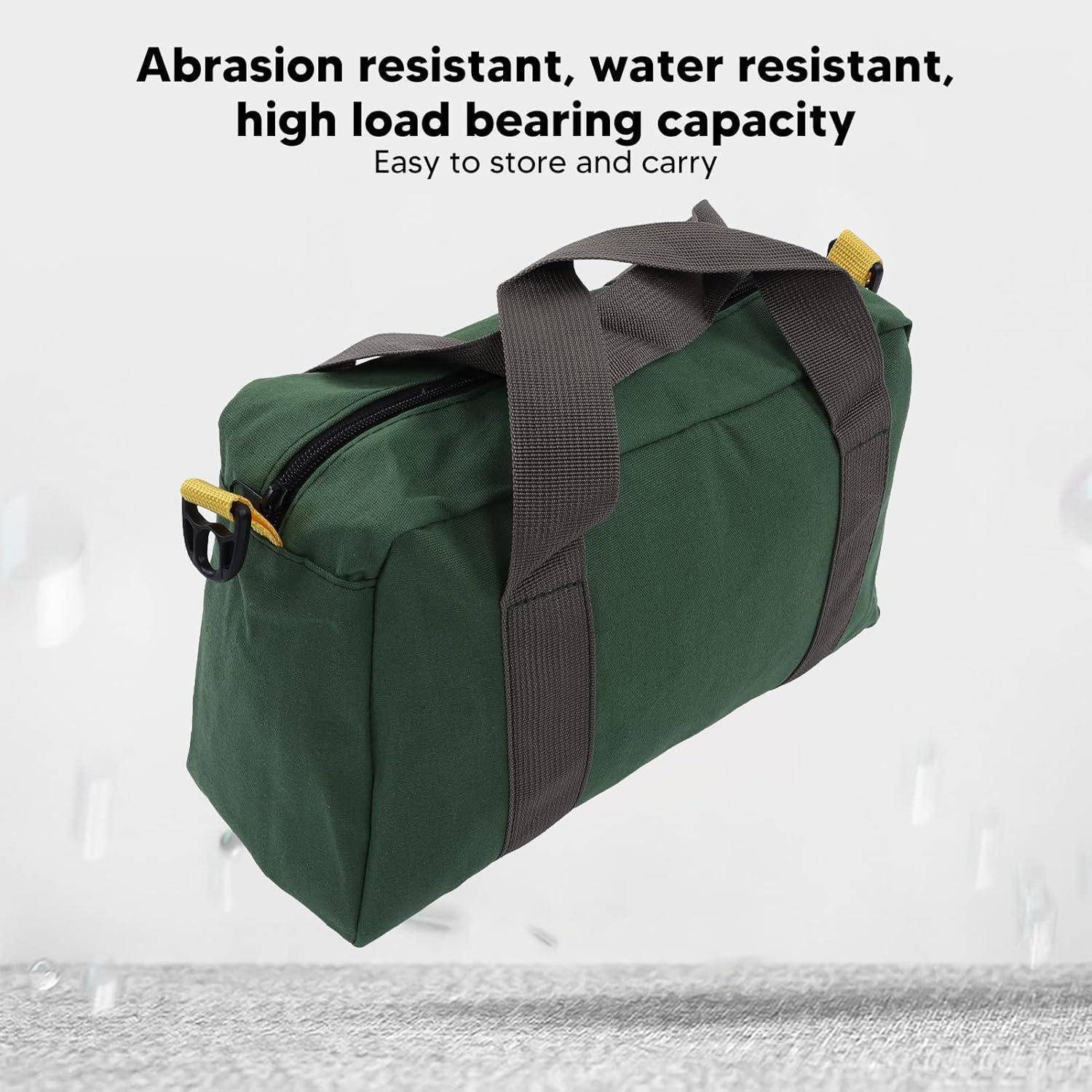 Grüne Reisetasche mit grauen Griffen und gelben Akzenten. Text oben liest sich: 'Abriebfest, wasserabweisend, hohe Traglast.