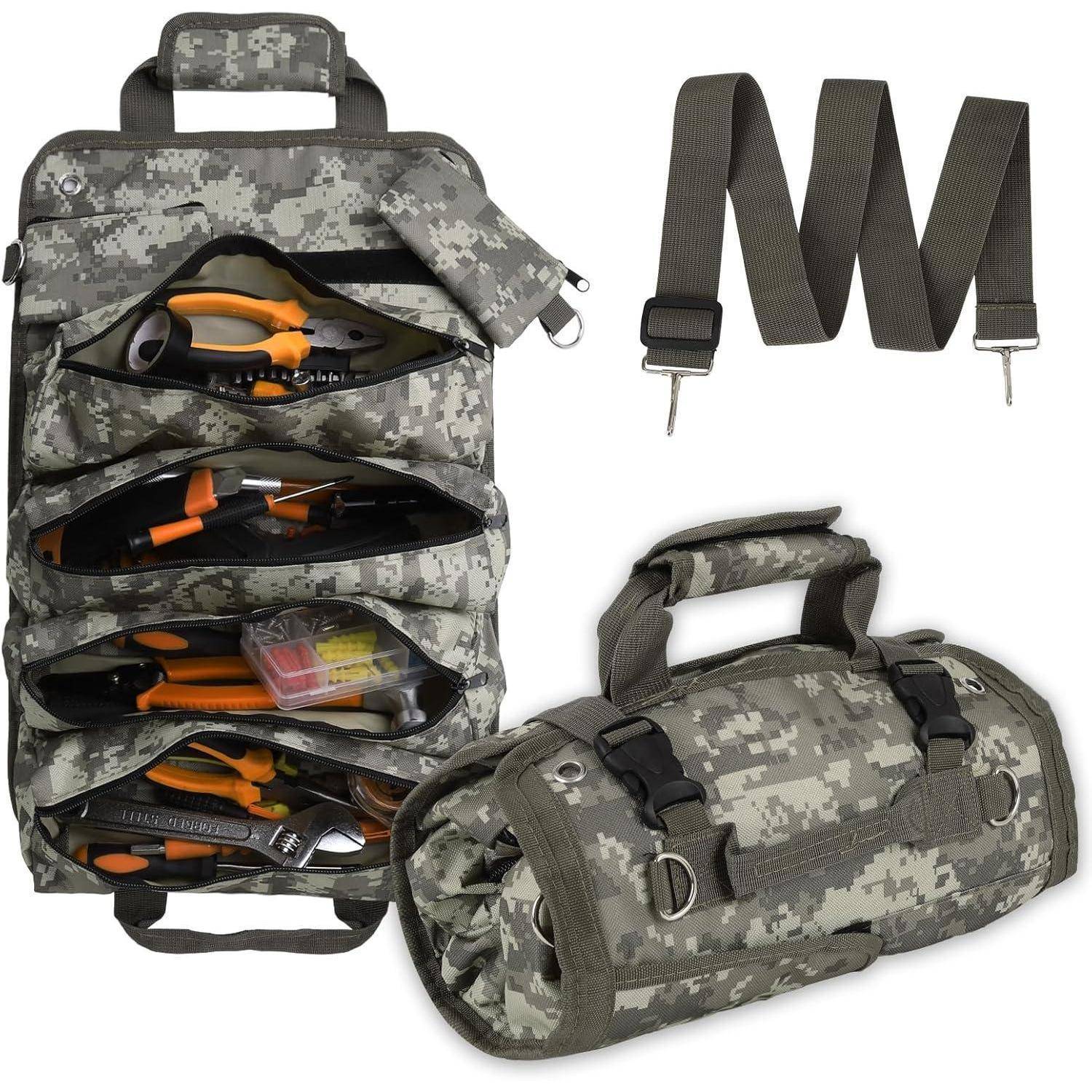 Tarnung Werkzeug-Rolltasche mit mehreren offenen Fächern, die Werkzeuge im Inneren zeigen; inklusive abnehmbarem Trageriemen.