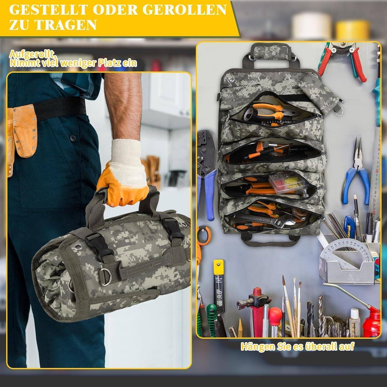 Eine Tarnfarben-Werkzeugtasche zum leichten Transport und platzsparenden Verstauen. Das Bild zeigt eine sorgfältig organisierte Tasche mit verschiedenen Werkzeugen im Inneren und aufgehängt.