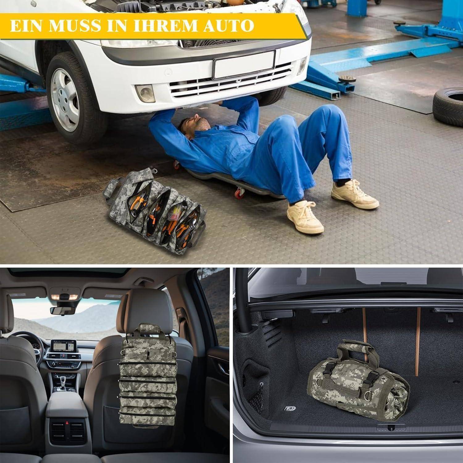 Ein Mechaniker arbeitet unter einem angehobenen Fahrzeug. Das Bild zeigt auch Auto-Organizer: einen Werkzeughalter für den Rücksitz und eine Tarnungstasche im Kofferraum.