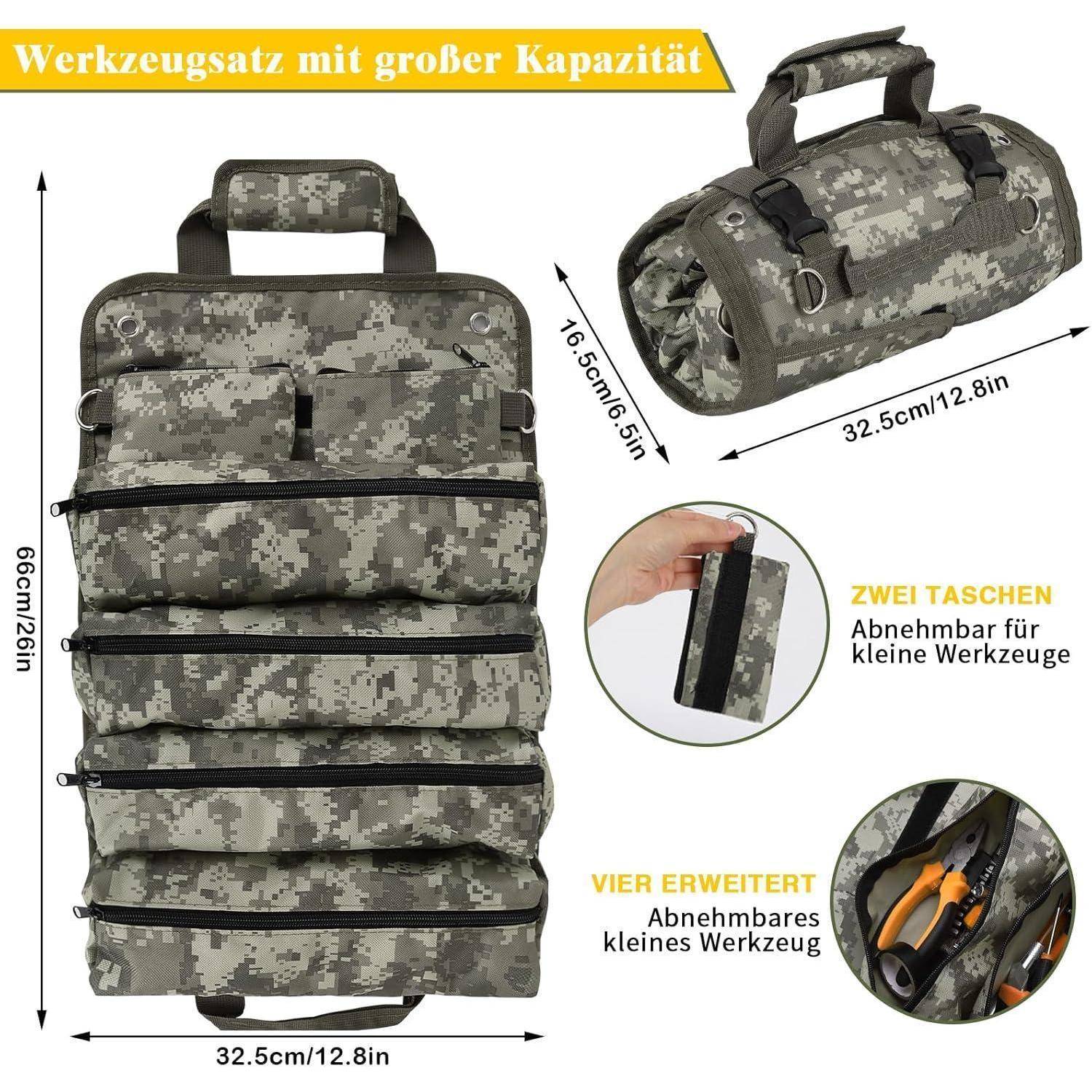 Tarnfarbene Werkzeugtasche mit mehreren Reißverschluss-Fächern, abnehmbaren Taschen und Tragegriff. Abmessungen: 66x32,5 cm, 10x15,5 cm. Deutsche Beschreibung zur Kapazität und Eigenschaften.
