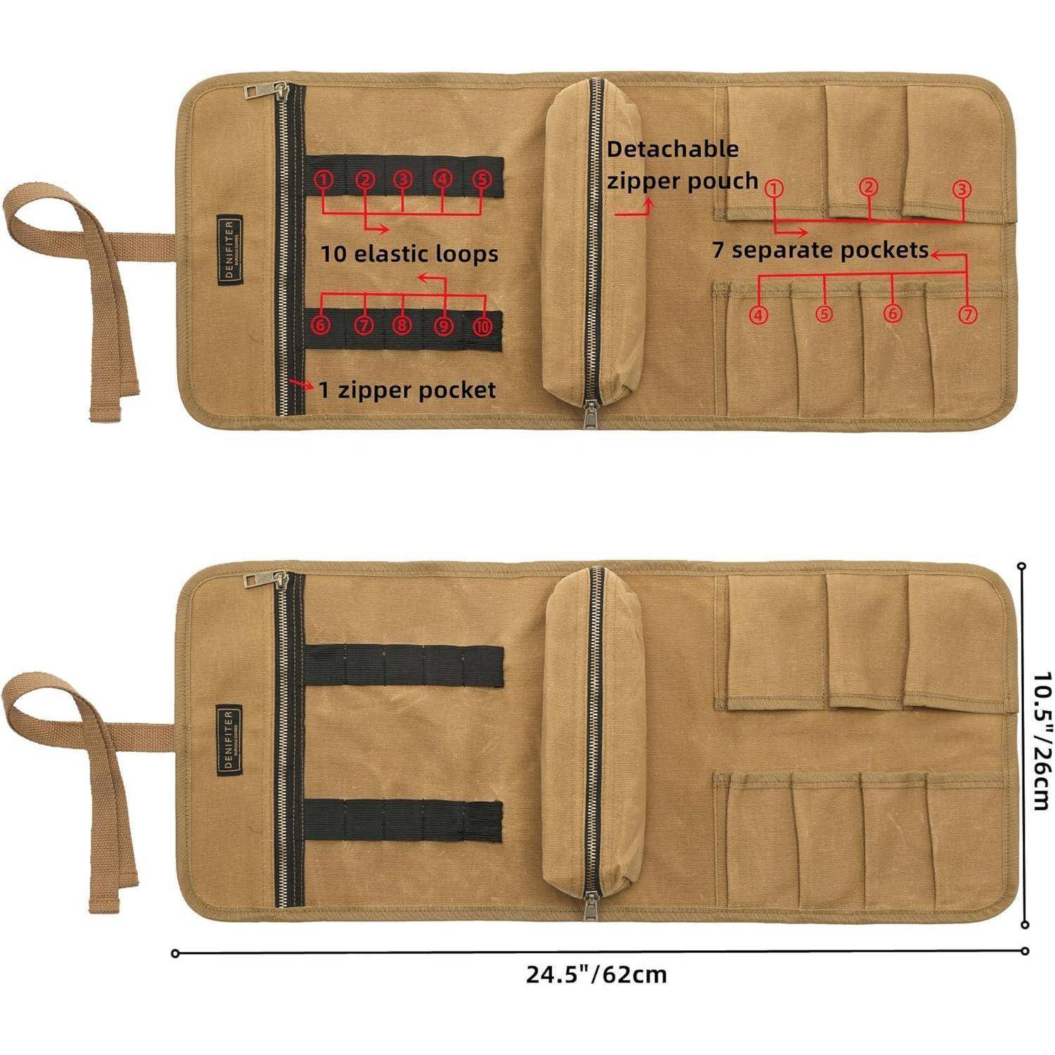 Beiger Reiseorganizer mit '10 elastischen Schlaufen', '1 Reißverschlusstasche', 'Abnehmbarer Reißverschlussbeute' und '7 separaten Taschen'. Abmessungen werden gezeigt.