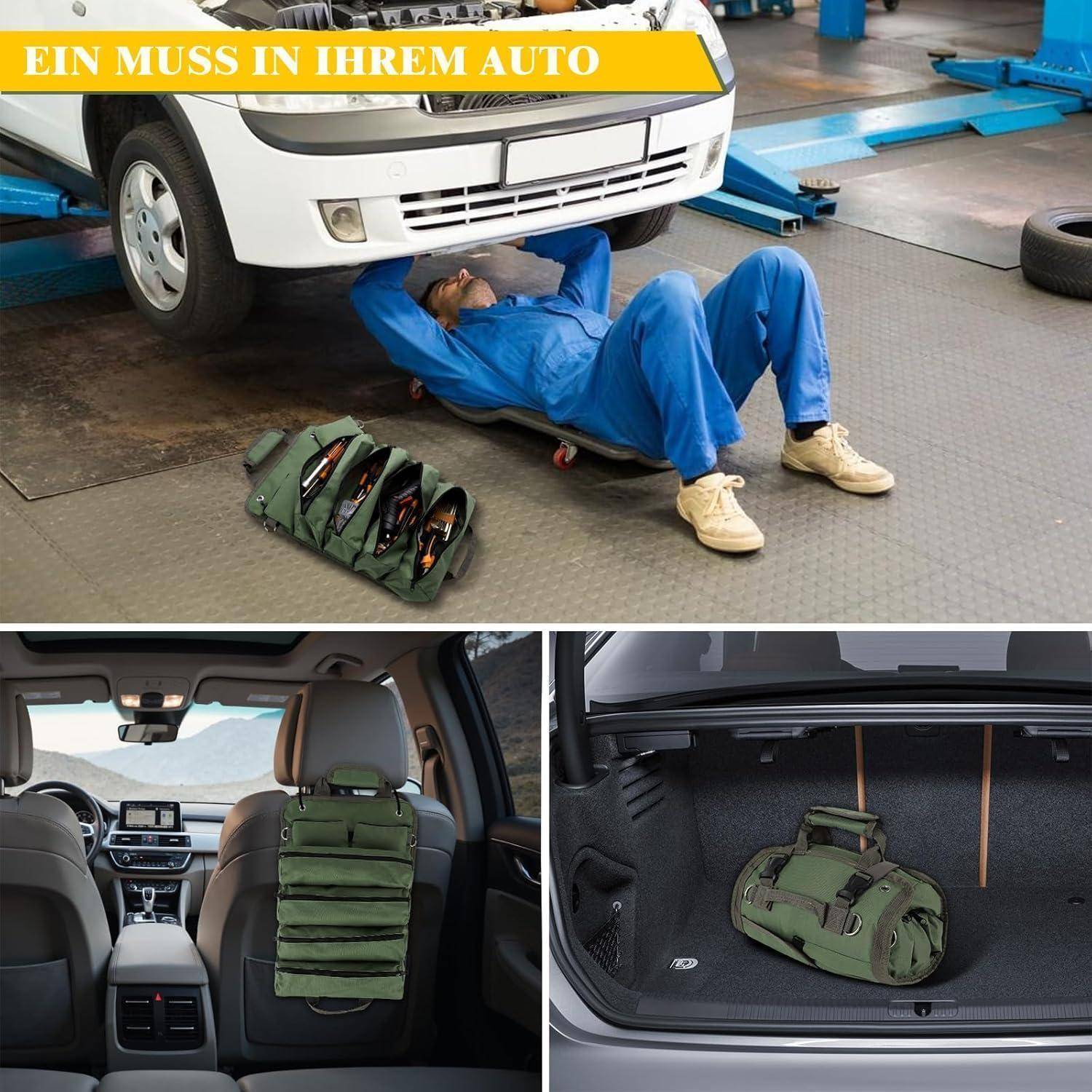 Eine Person in einem blauen Overall arbeitet unter einem weißen Auto auf einer Hebebühne. Darunter sind Bilder einer Werkzeugausrüstung im Kofferraum und auf der Rückbank. Der deutsche Text lautet: 