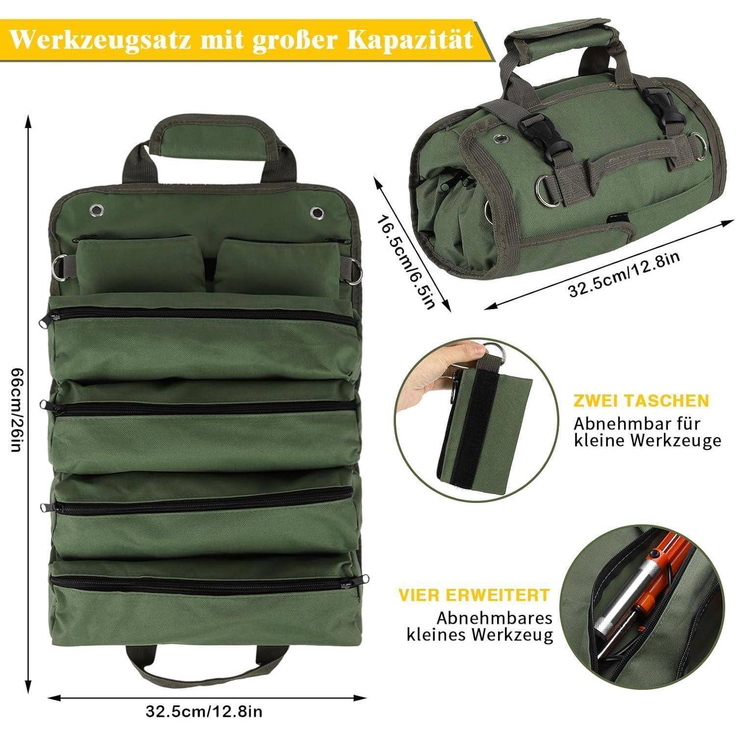 Eine grüne Werkzeugtasche mit einer zusammengerollten Tasche und einer offenen Tasche mit mehreren Fächern. Merkmale umfassen zwei herausnehmbare Taschen.