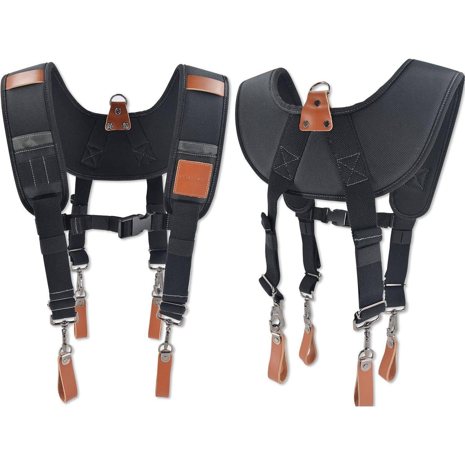Verstellbare Hosenträger aus schwarzem und braunem Leder mit silbernen Klammern, konzipiert für Langlebigkeit und Stil in einem robusten Umfeld.