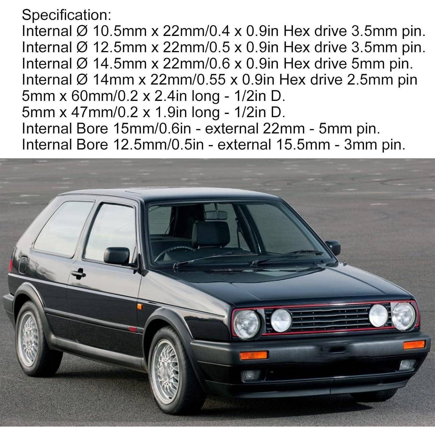 Ein Oldtimer mit Spezifikationen darüber, die Abmessungen und Sechskant-Antriebsgrößen für verschiedene interne und externe Komponenten auflisten.