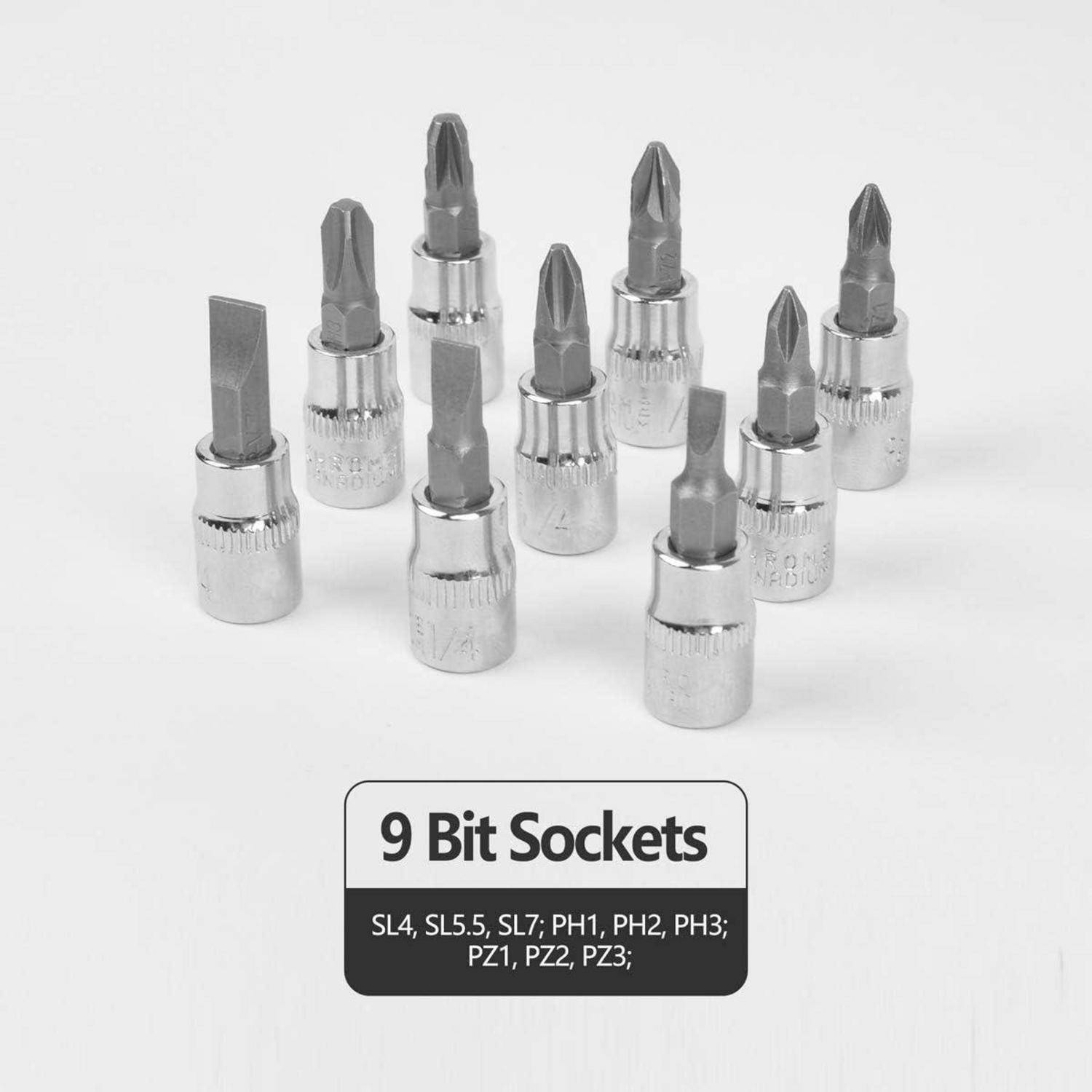 9 Bit-Sockel: SL4, SL5.5, SL7, PH1, PH2, PH3, PZ1, PZ2, PZ3.' Bild zeigt verschiedene Bit-Sockel in einer Reihe.