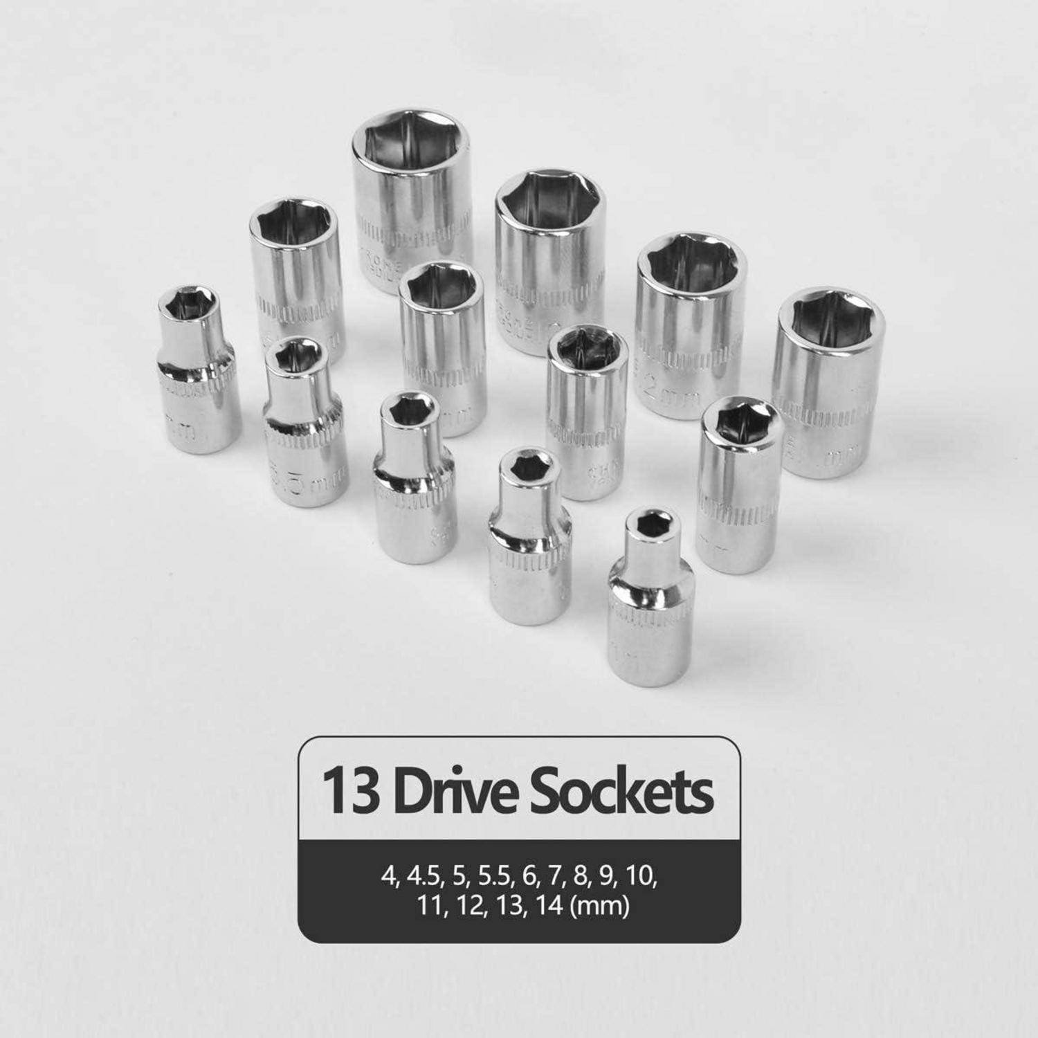 13 Antriebseinsätze, dargestellt in zwei Reihen, mit Größen von 4 bis 14 mm.