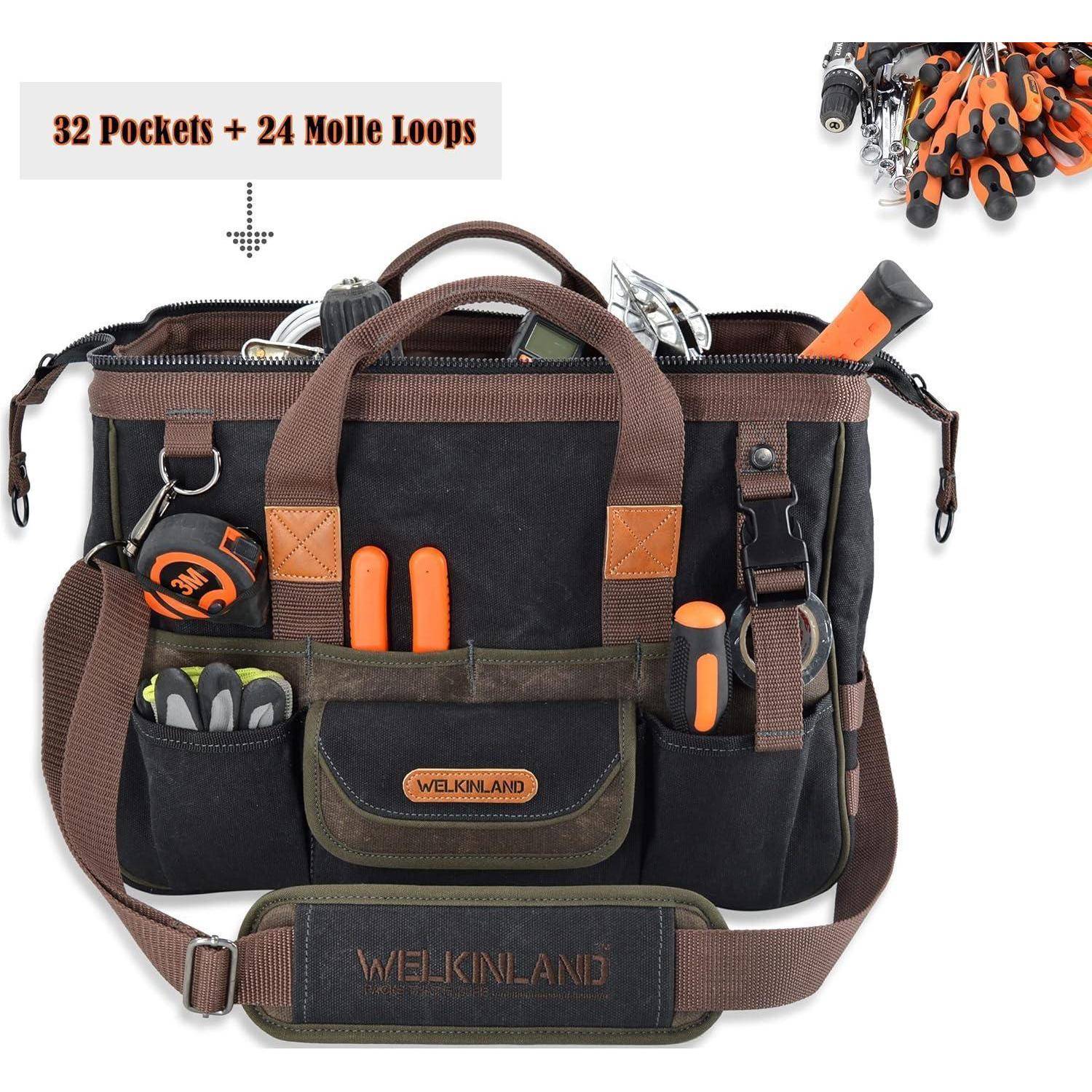 Werkzeugtasche mit 32 Taschen und 24 MOLLE-Schlaufen, die verschiedene Werkzeuge wie Schraubendreher und Zangen enthält. Markenname 'WELKINLAND' sichtbar.
