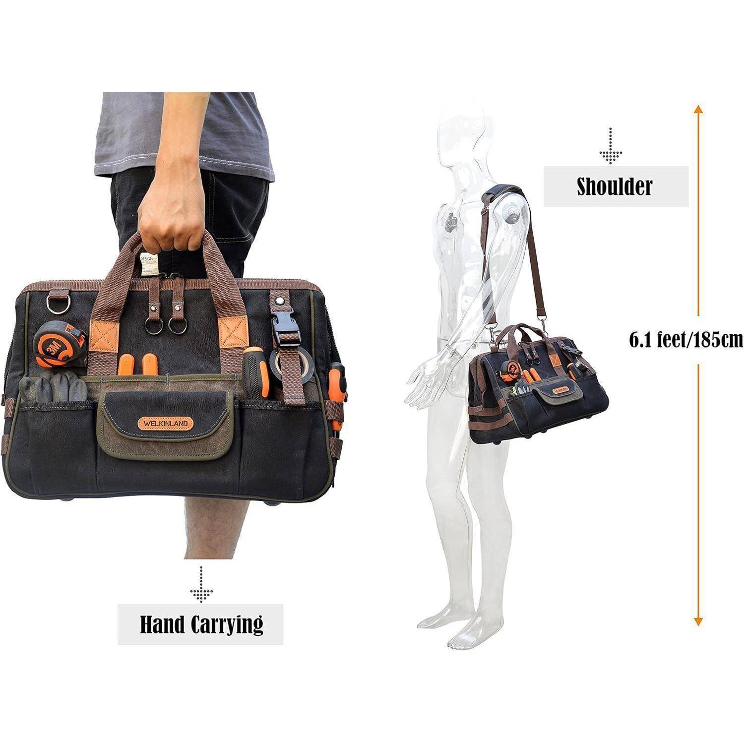 Werkzeugtasche mit mehreren Fächern wird von einer Person in der Hand getragen und über die Schulter gehängt gezeigt. Die Abmessungen der Tasche sind beschriftet.