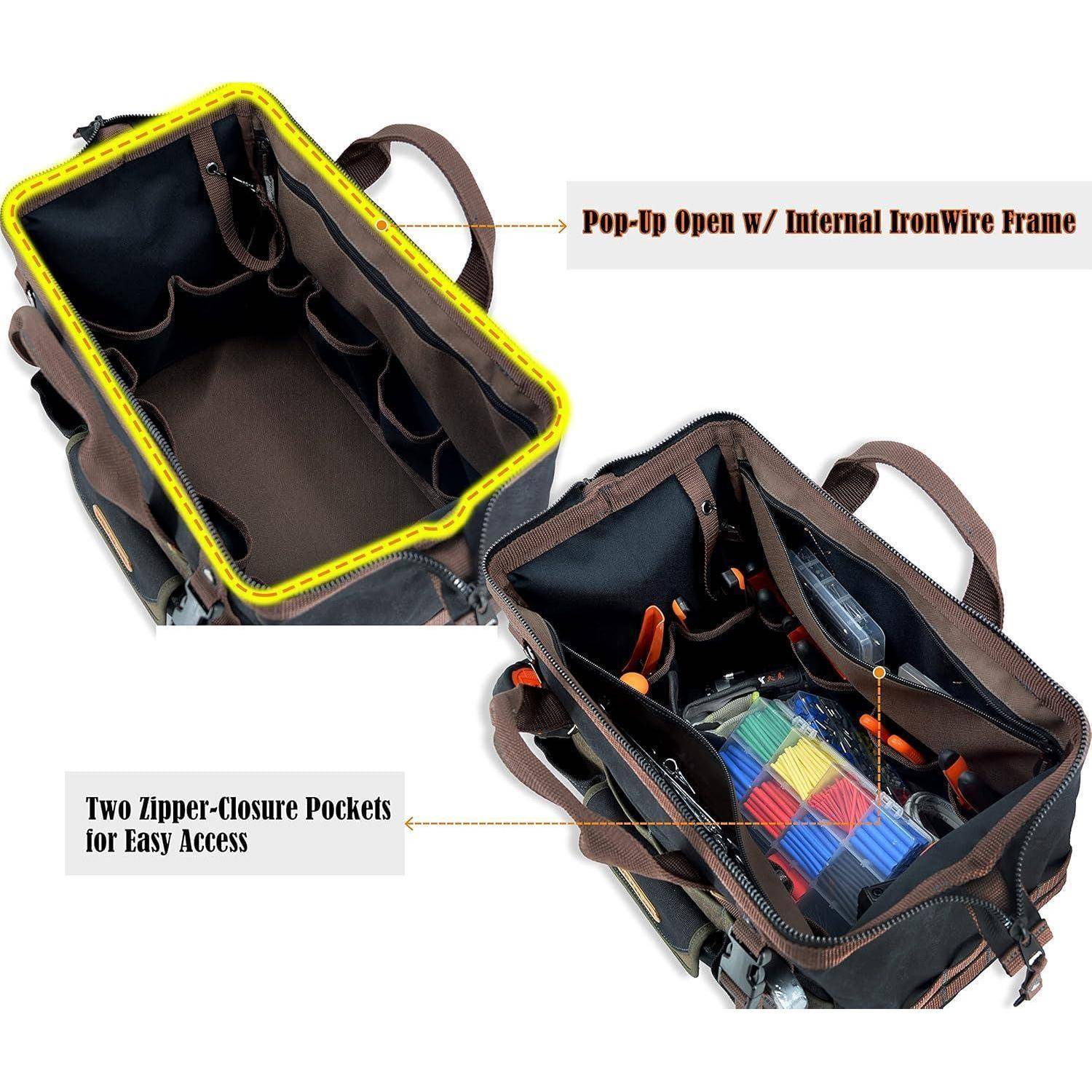 Eine braune Werkzeugtasche wird geöffnet gezeigt, wobei ein Aufstell-Element mit einem integrierten Eisenrahmen und zwei Reißverschluss-Taschen für einfachen Zugriff hervorgehoben wird.