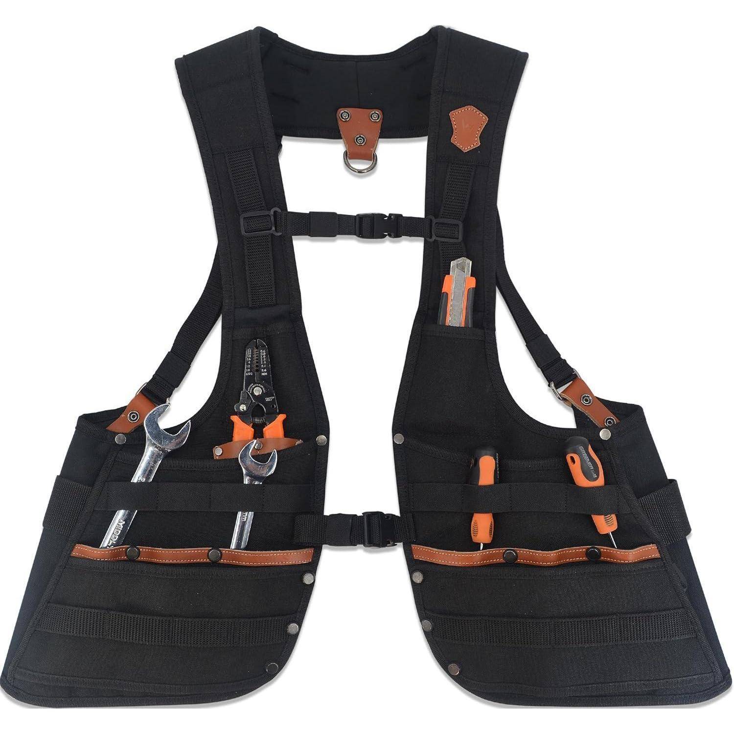 Schwarze Werkzeugtasche mit mehreren Taschen und Schlaufen, die verschiedene Werkzeuge wie Schraubenschlüssel und Zangen enthält und für einfachen Zugriff und Organisation konzipiert ist.