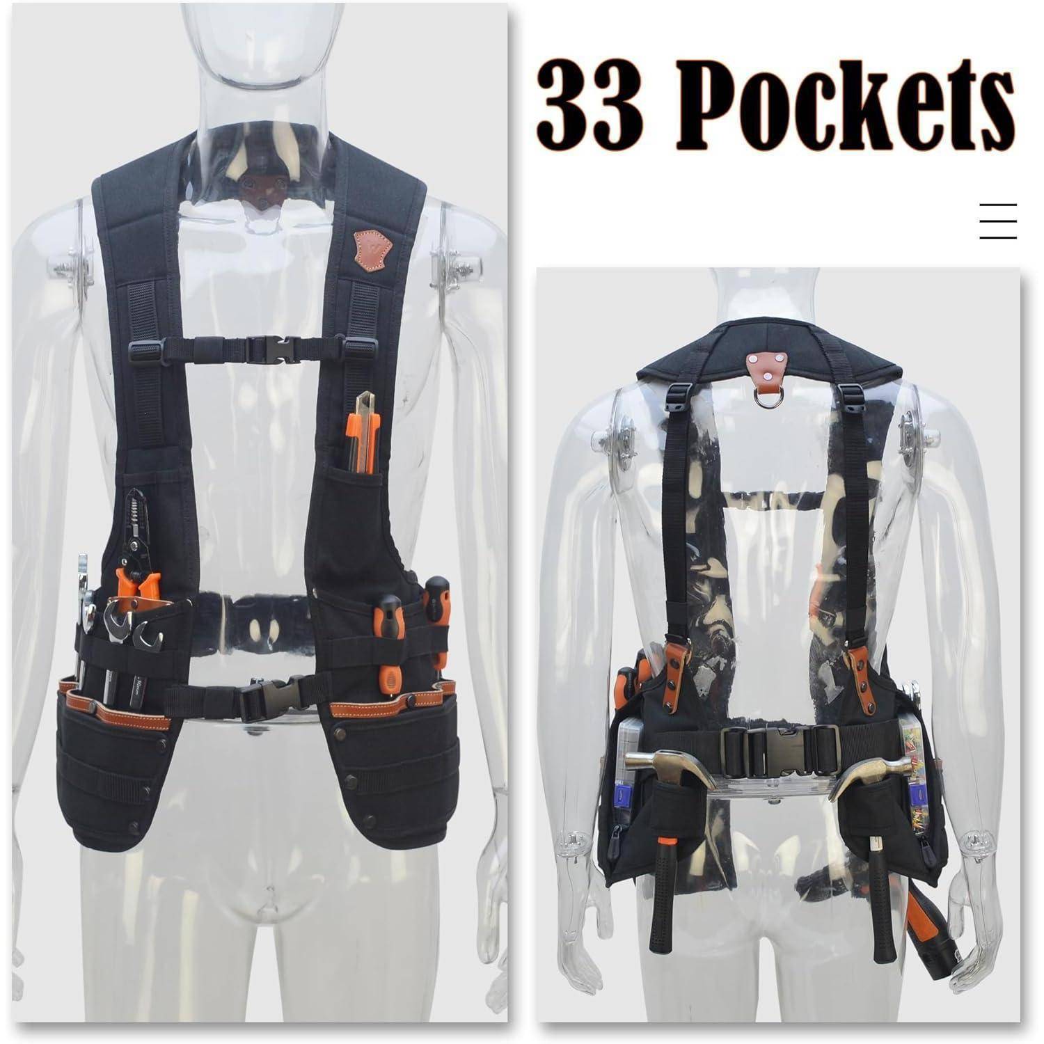 Eine transparente Schaufensterpuppe trägt eine schwarze Utility-Weste mit 33 Taschen, entwickelt für Werkzeuge und Zubehör, von vorne und hinten gezeigt.