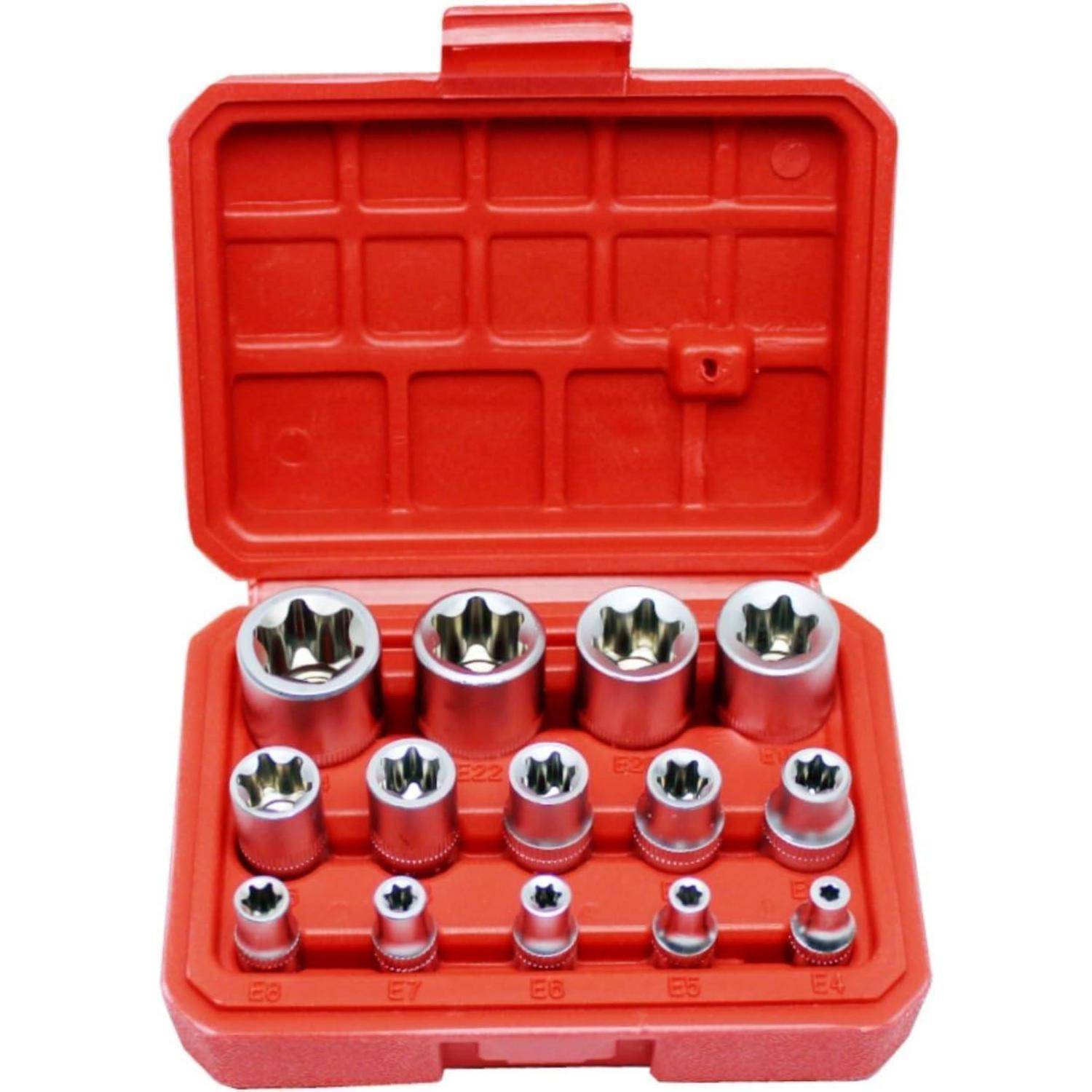 Eine rote Plastikbox, die einen Satz von zwölf sternförmigen Steckschlüsseleinsätzen zeigt, in zwei Reihen nach Größe angeordnet, die zum Anziehen und Lösen von Schrauben verwendet werden.