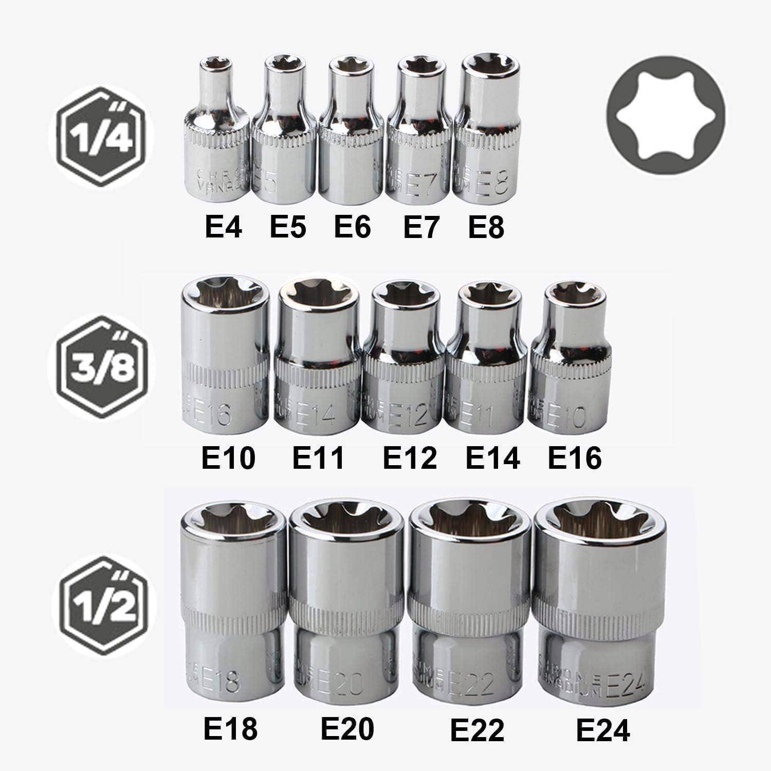 Ein Satz Steckschlüssel, sortiert nach Antriebsgröße: 1/4 Zoll, 3/8 Zoll und 1/2 Zoll, mit Größen von E4 bis E24 dargestellt.