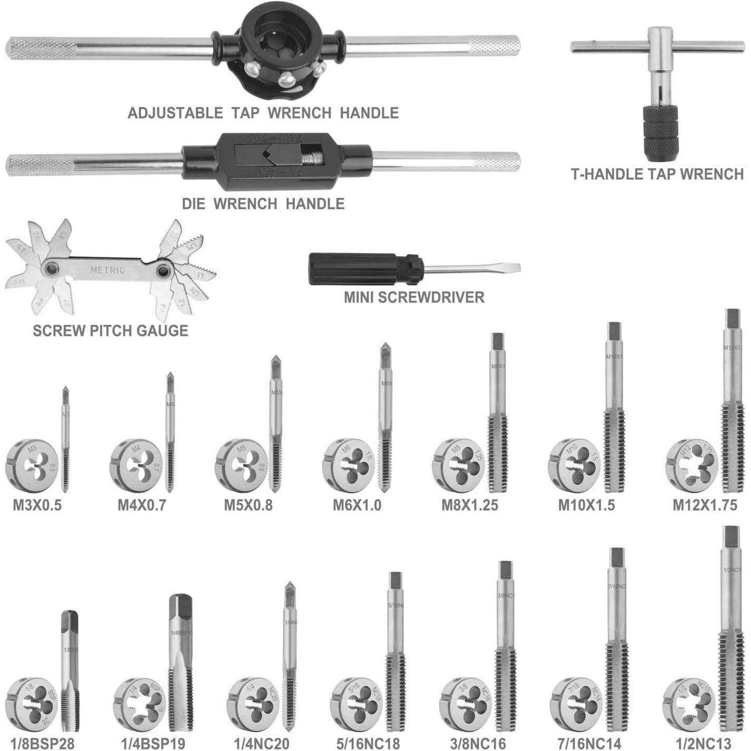 Gewindebohrer- und Schneideisenset umfasst einen verstellbaren Schraubenschlüsselgriff, T-Griff, Gewindesteigungsmesser, Mini-Schraubendreher und Schneideisen in Größen von M3x0,5 bis 1/2NC13.