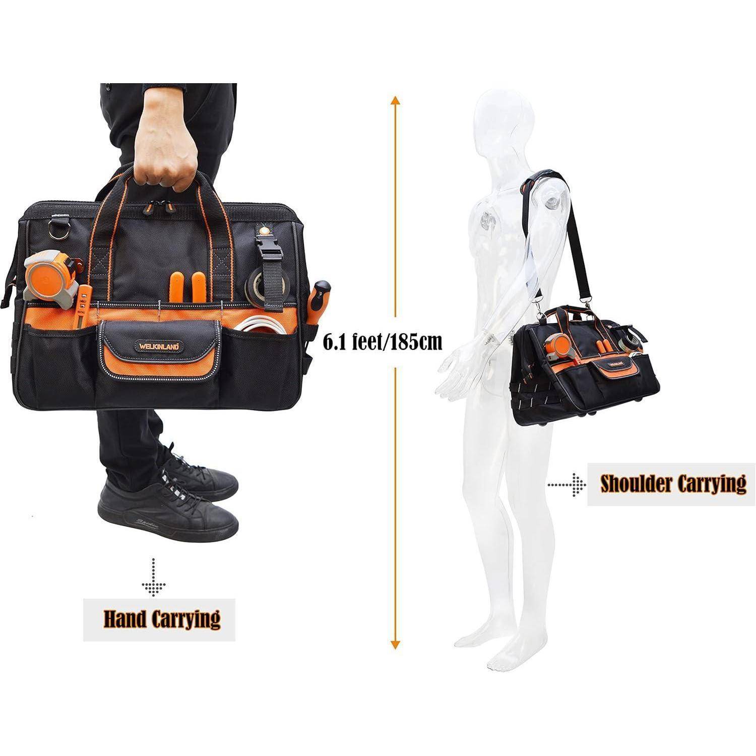 Option zur Handtragweise und Schultertragweise für eine Werkzeugtasche. Bild zeigt eine Person, die eine schwarze und orangefarbene Werkzeugtasche trägt und zwei verschiedene Tragemöglichkeiten hervorhebt.