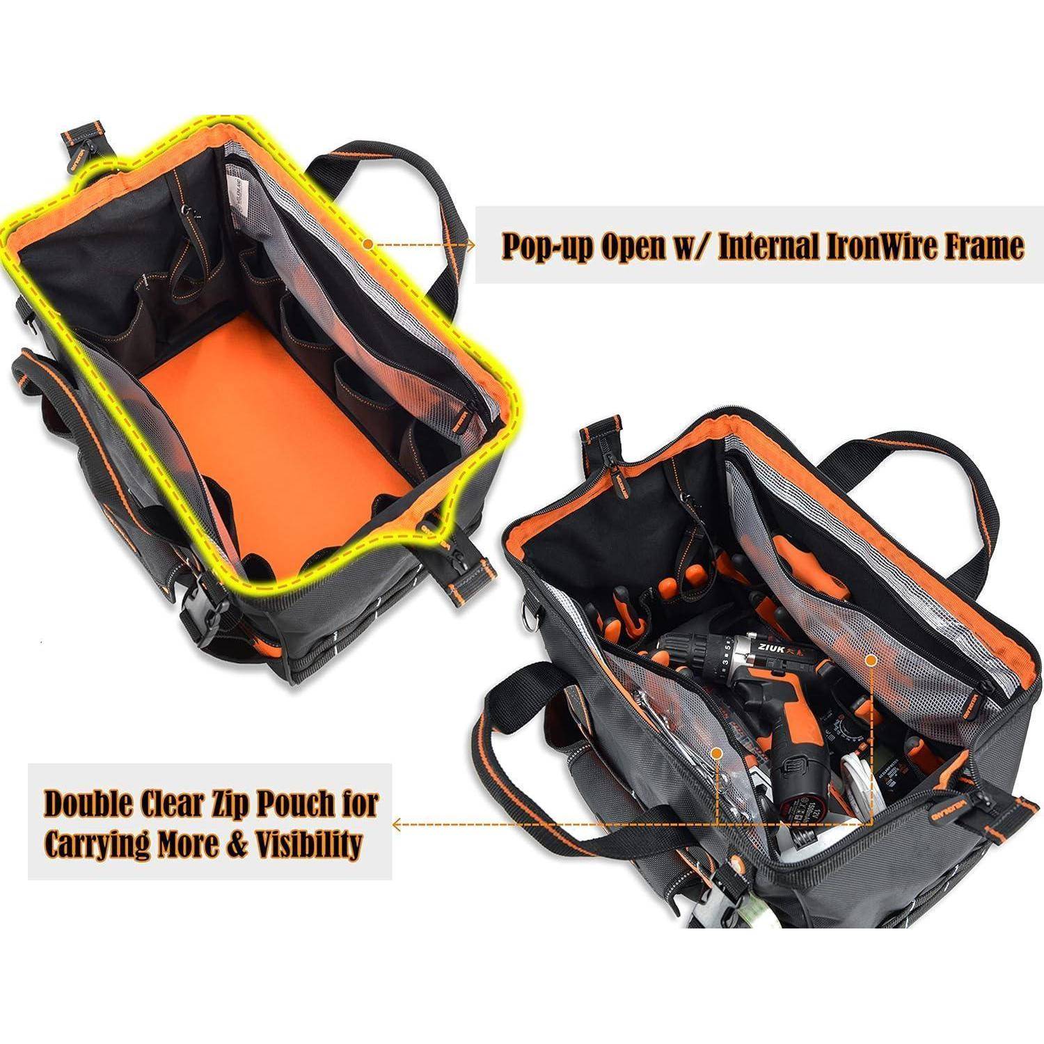 Schwarze Werkzeugtasche mit einem aufklappbaren Rahmen und doppelten transparenten Reißverschlussfächern. Sie hält verschiedene orange und schwarze Werkzeuge für einfachen Zugriff bereit.
