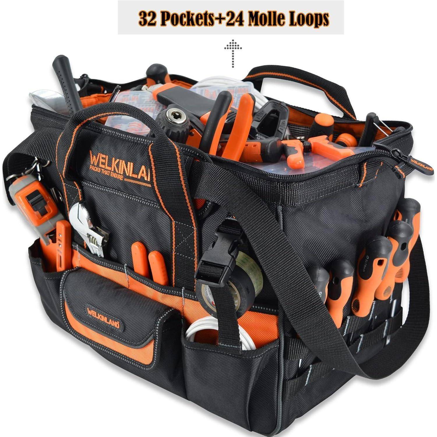 Werkzeugtasche mit '32 Taschen + 24 Molle-Schlaufen' Etikett, die verschiedene Werkzeuge wie Schraubendreher und Zangen in Fächern enthält.