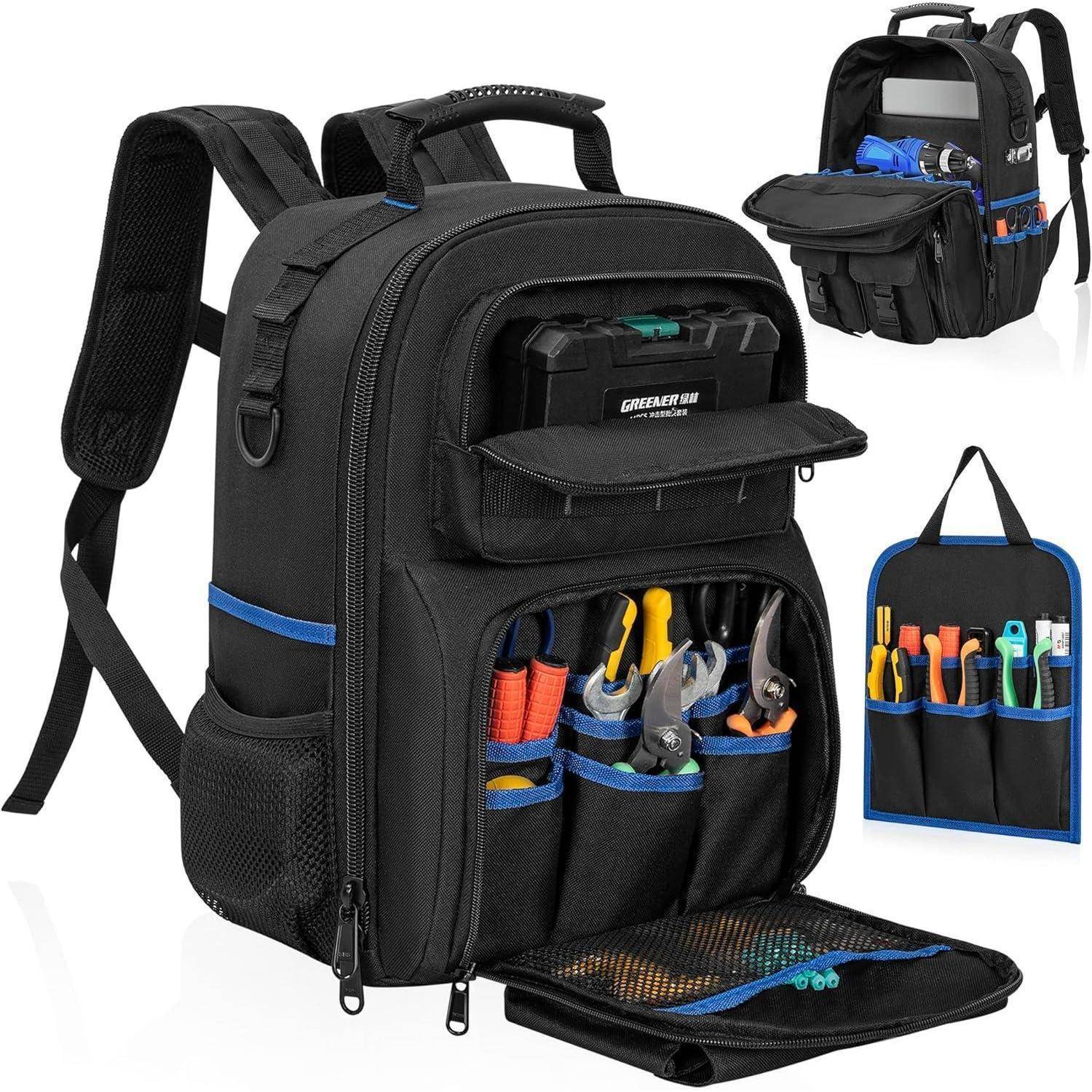 Schwarzer Werkzeug-Rucksack mit mehreren Fächern, geöffnet, um verschiedene Handwerkzeuge wie Zangen und Schraubendreher in den vorderen Taschen zu zeigen.