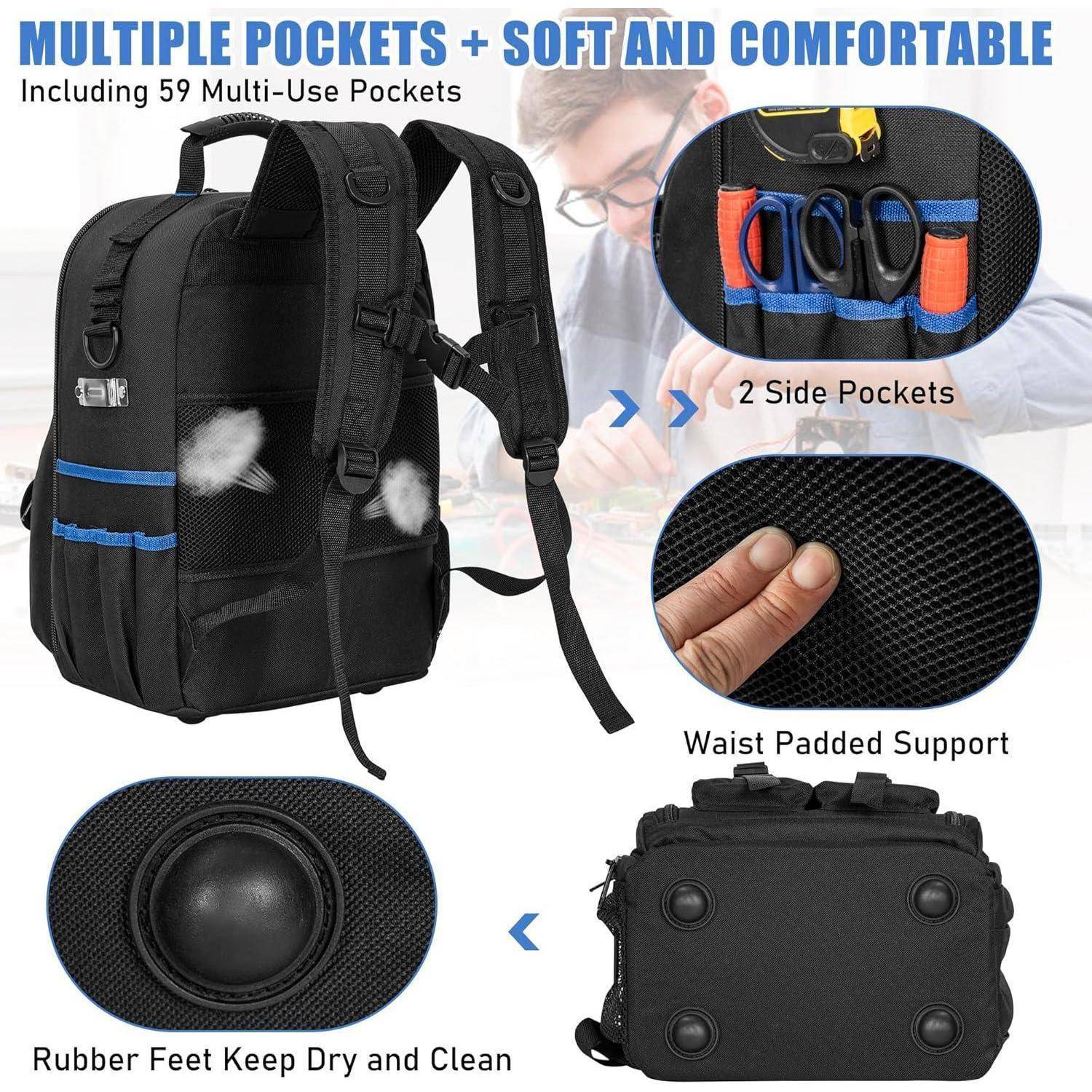 Rucksack mit mehreren Taschen, darunter zwei Seitentaschen und gepolsterter Hüftunterstützung. Mit Gummifüßen für Stabilität und Sauberkeit.