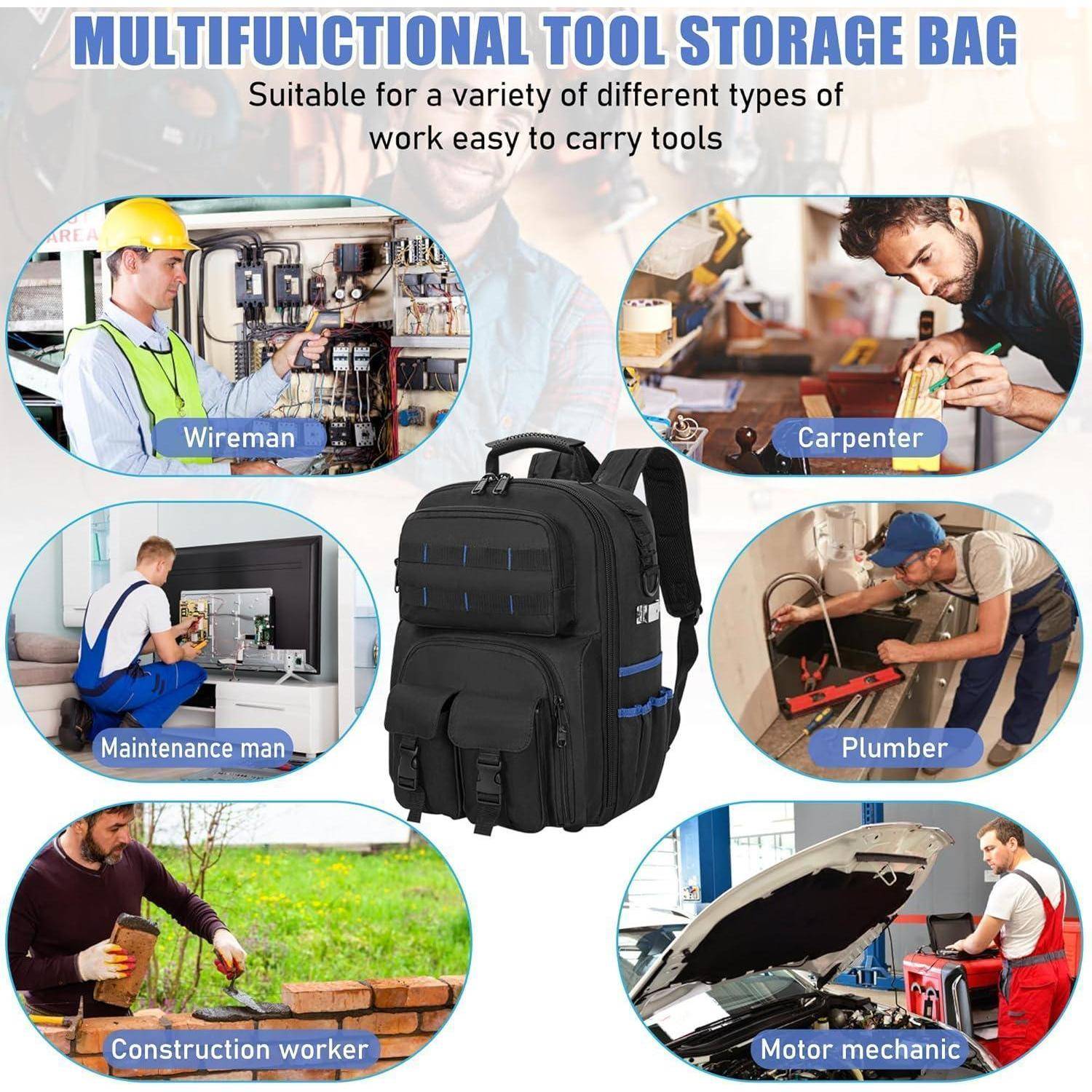 Multifunktionale Werkzeugtasche umgeben von Bildern von Arbeitern: Elektriker, Schreiner, Wartungstechniker, Klempner, Bauarbeiter, Mechaniker.
