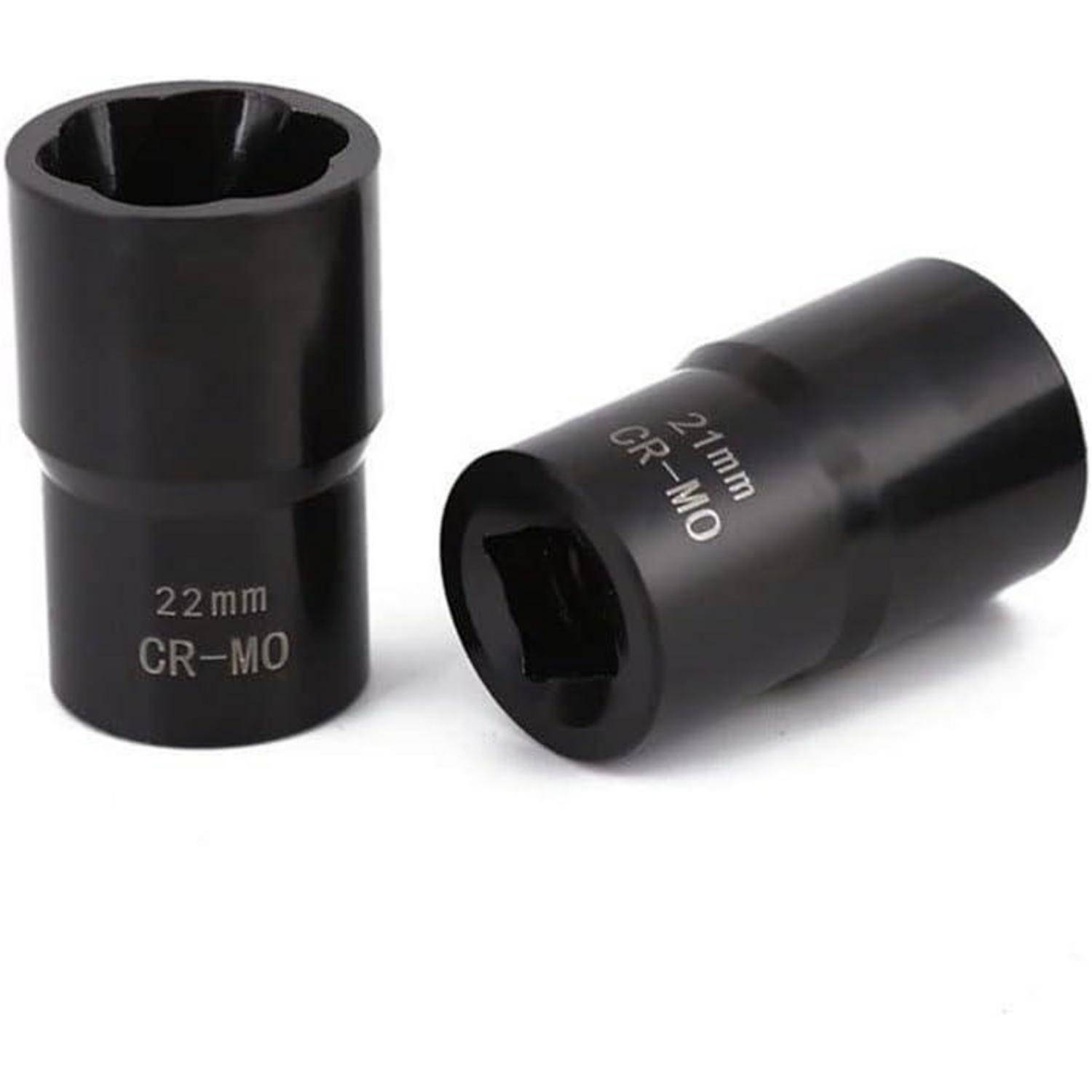 Zwei schwarze Steckschlüsselköpfe, beschriftet mit '22mm CR-MO', einer aufrecht und der andere auf der Seite liegend.
