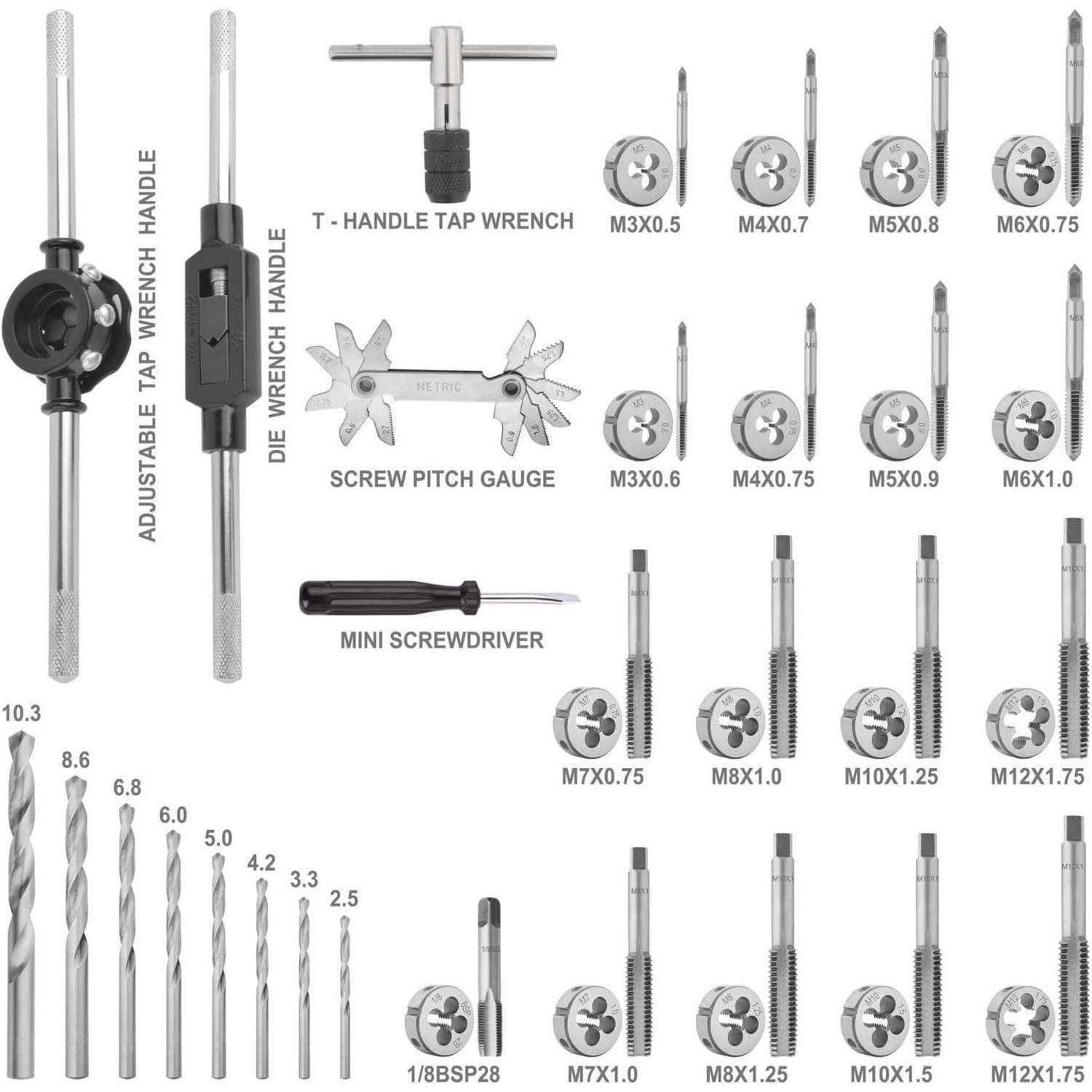 Ein Sortiment mechanischer Werkzeuge, einschließlich Gewindeschneidsätze, Gewindelehren, T-Griff-Schraubenschlüssel, Mini-Schraubendreher und Bohrer in verschiedenen Größen.
