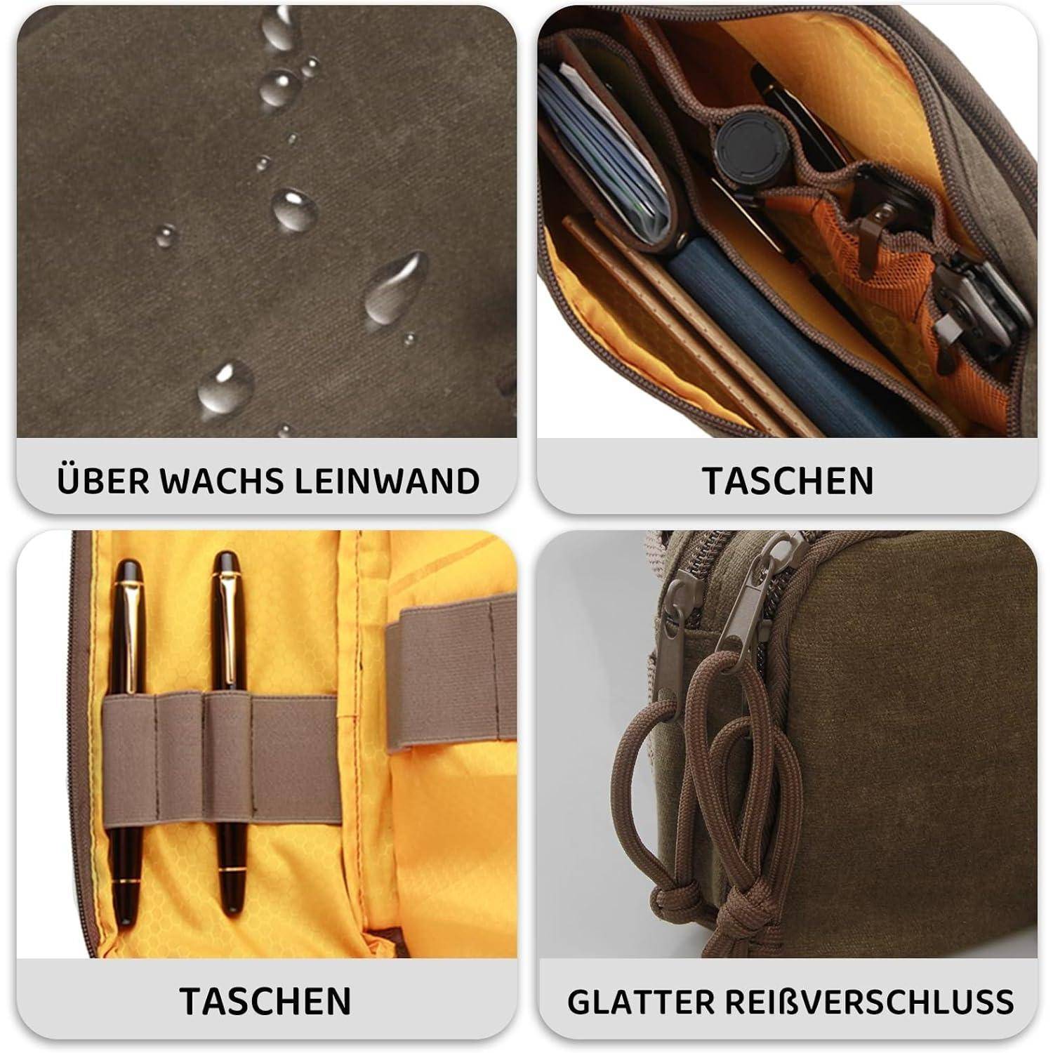 Vier-Panel-Bild einer gewachsten Leinwand-Tasche: 'Über Wachs Leinwand' zeigt Wassertropfen, 'Taschen' präsentiert Innentaschen, ein weiteres 'Taschen' hebt Stifthalter hervor, und 'Glatter Reißverschluss' zeigt einen glatten Reißverschluss.