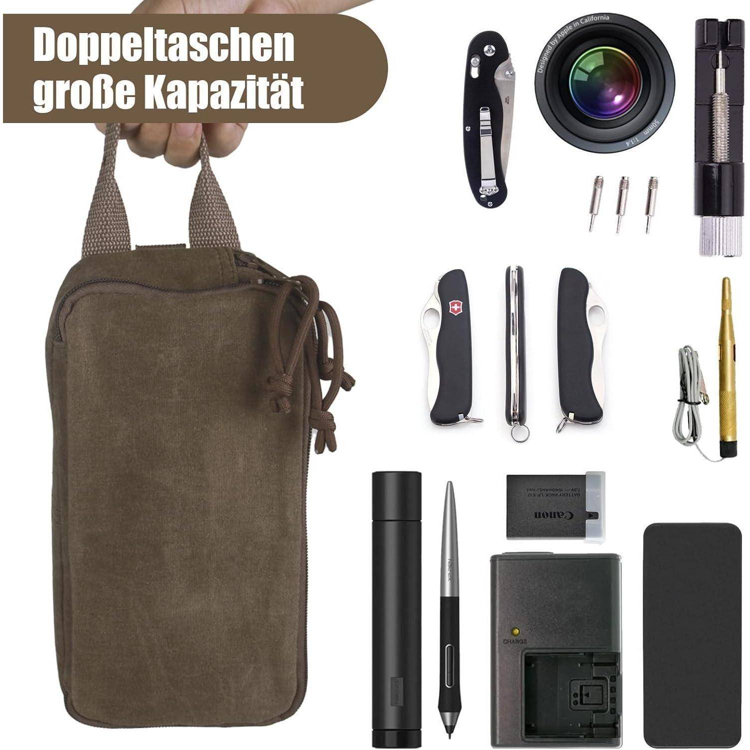 Ein Werkzeugset mit einer braunen Tasche, Multifunktionswerkzeugen, Taschenlampe, Kameraobjektiv, Schraubendrehereinsätzen, Stift, Batterie und Kartenleser. Text liest sich: 'Doppeltaschen große Kapazität'.