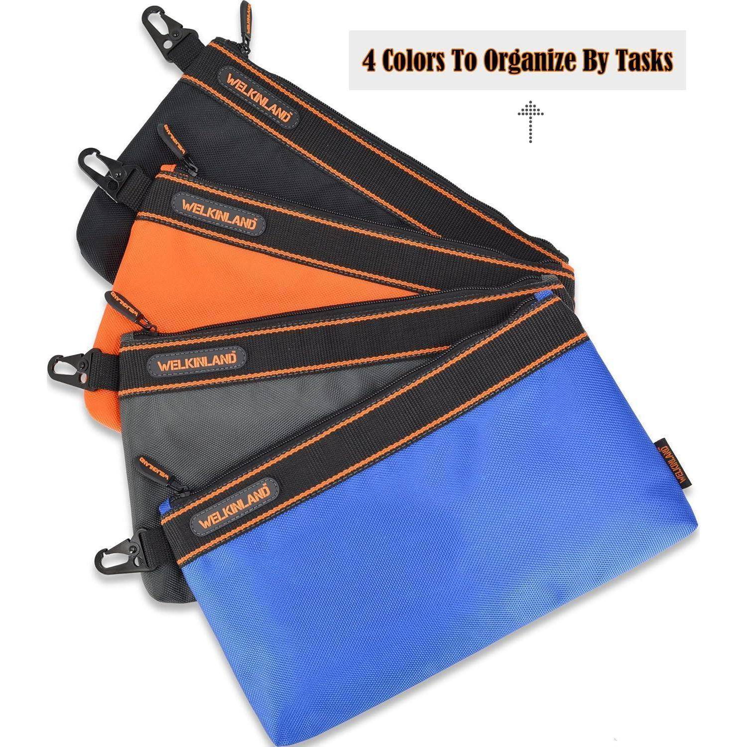 Vier Reißverschlussbeutel in Blau, Schwarz, Grau und Orange sind mit 'WELKINLAND' beschriftet. Text lautet '4 Farben zur Aufgabenorganisation'.