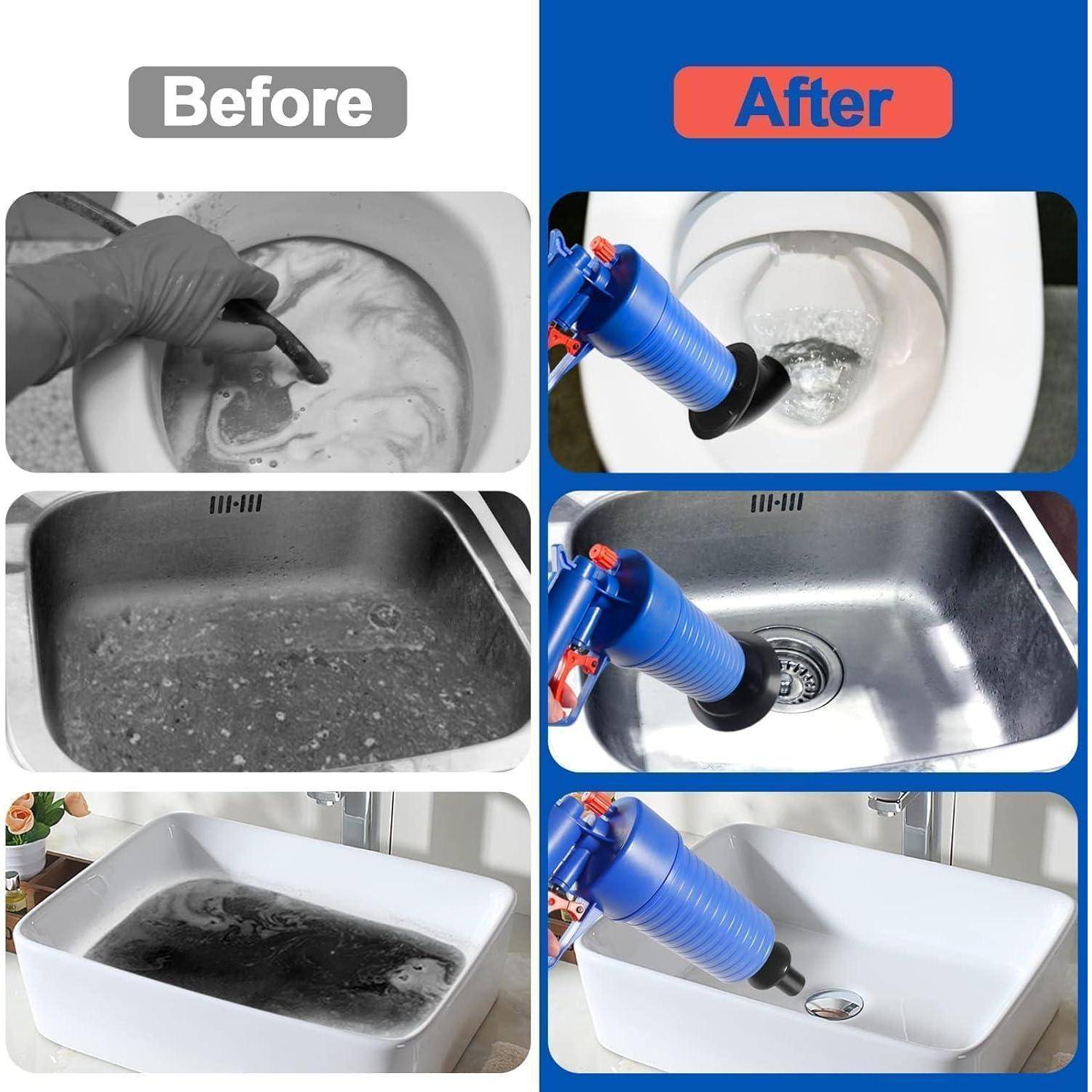 Vorher-Bilder zeigen verstopfte Waschbecken mit schmutzigem Wasser. Nachher-Bilder zeigen ein Werkzeug, das Verstopfungen beseitigt, und saubere Waschbecken mit fließendem Wasser.