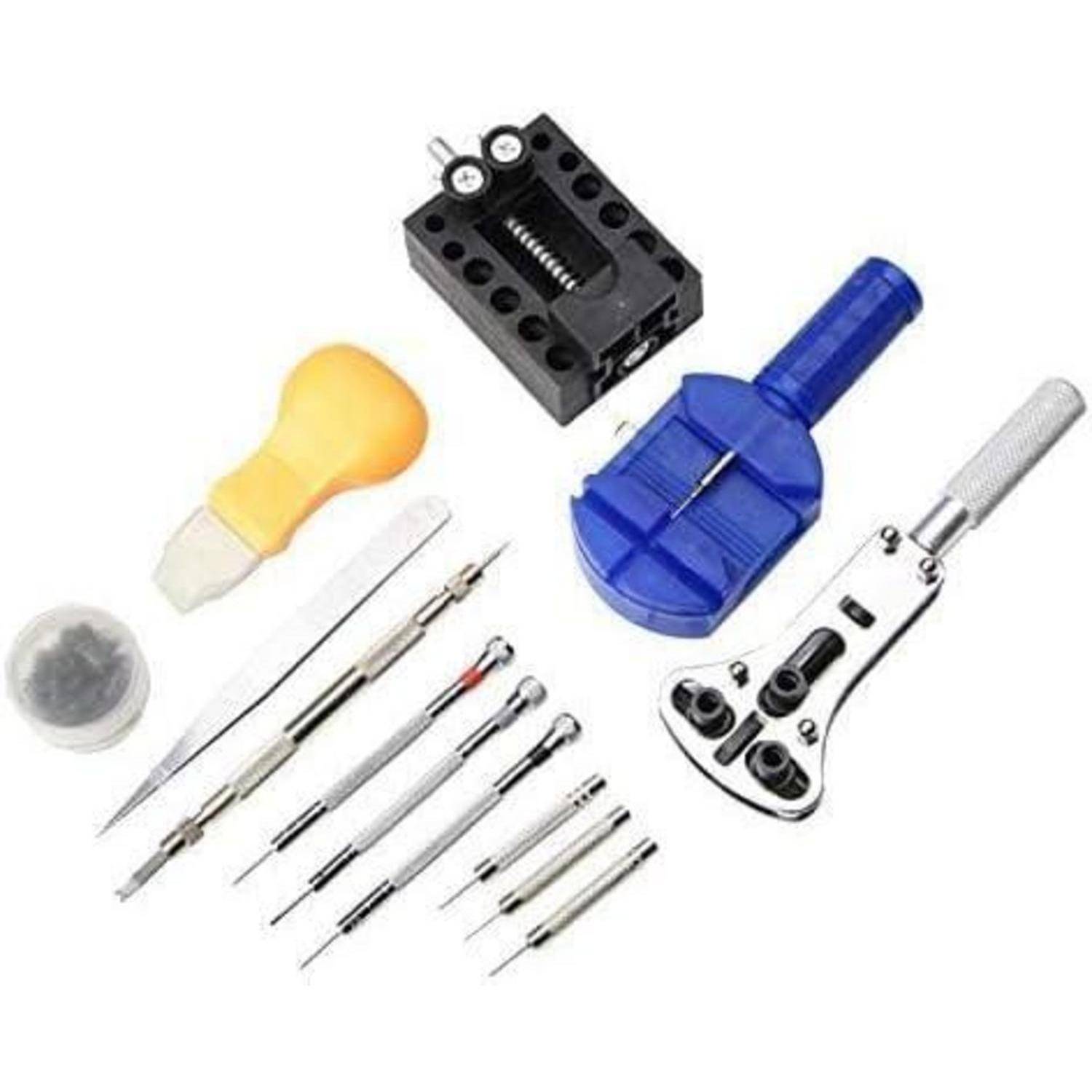 Uhrenreparatur-Werkzeugset mit Stiftaustreiber, Gehäuseöffner, Pinzette, Schraubenziehern und Ersatzteilen. Ideal für Uhrenanpassungen und -reparaturen.