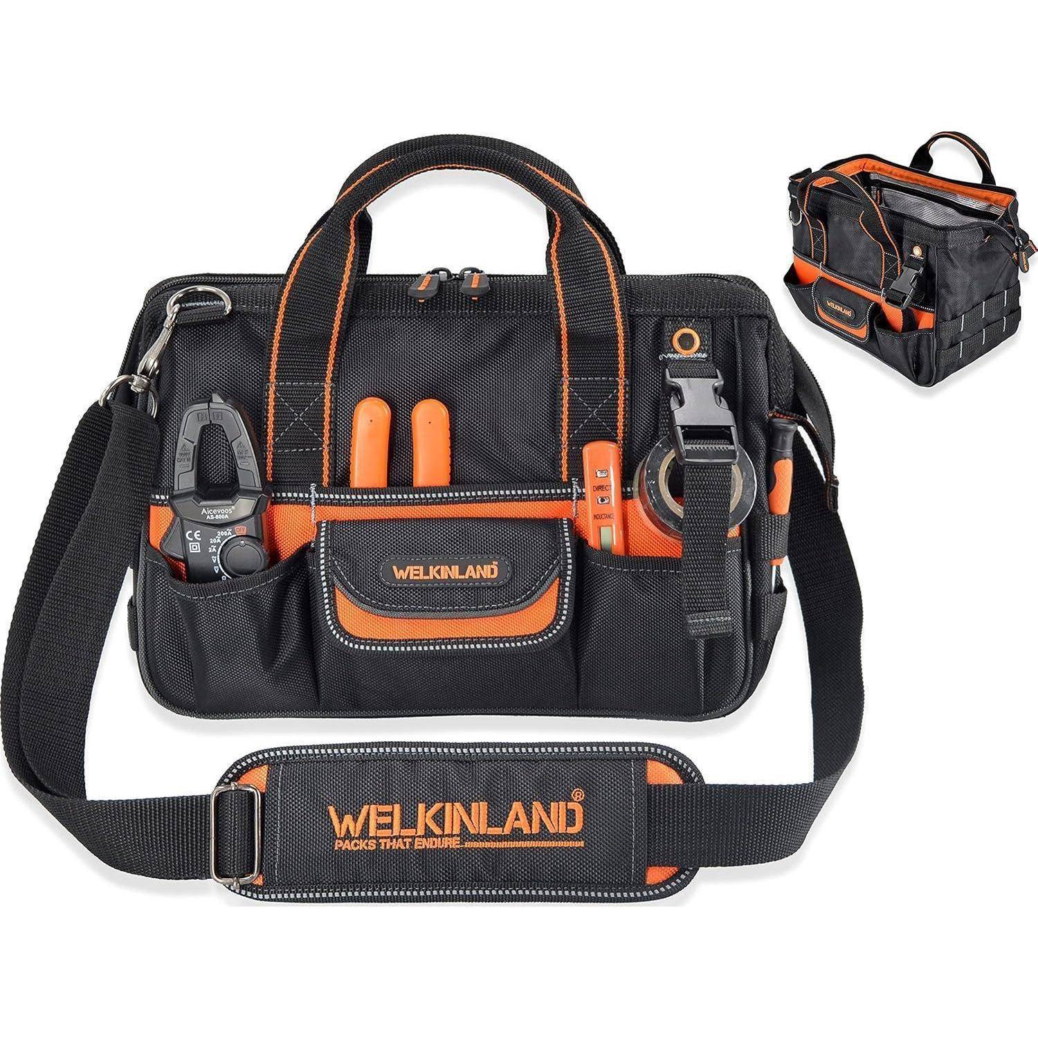 Eine schwarze Werkzeugtasche mit orangefarbenen Akzenten, die verschiedene Werkzeuge wie Zange, Maßband und einen Schraubendrehersatz enthält und die Marke 'WELKINLAND' zeigt.