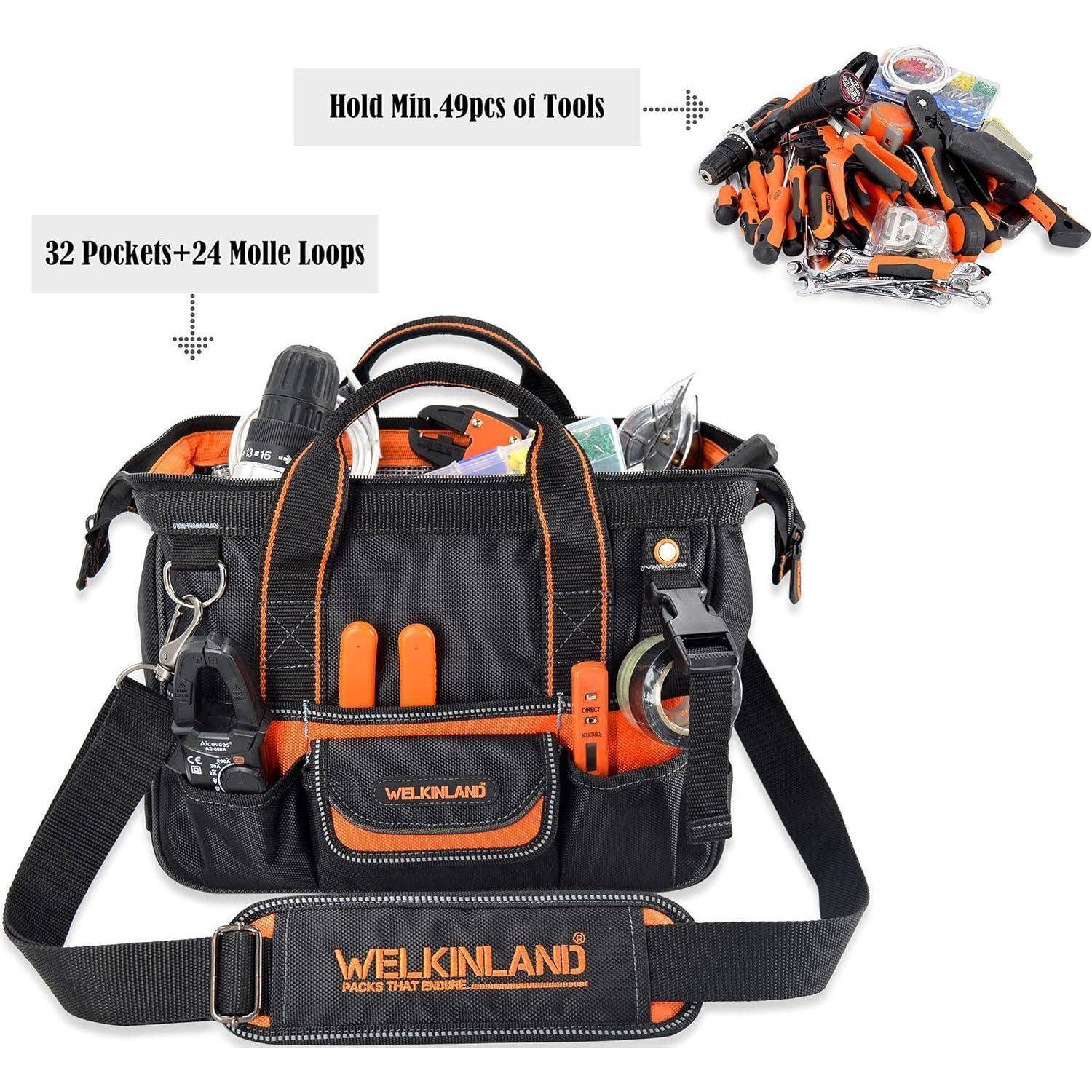 Werkzeugtasche mit 32 Taschen und 24 MOLLE-Schlaufen, die mindestens 49 Werkzeuge aufnehmen kann. Haupttasche gefüllt mit verschiedenen Werkzeugen, darunter Zangen und Schraubendreher.