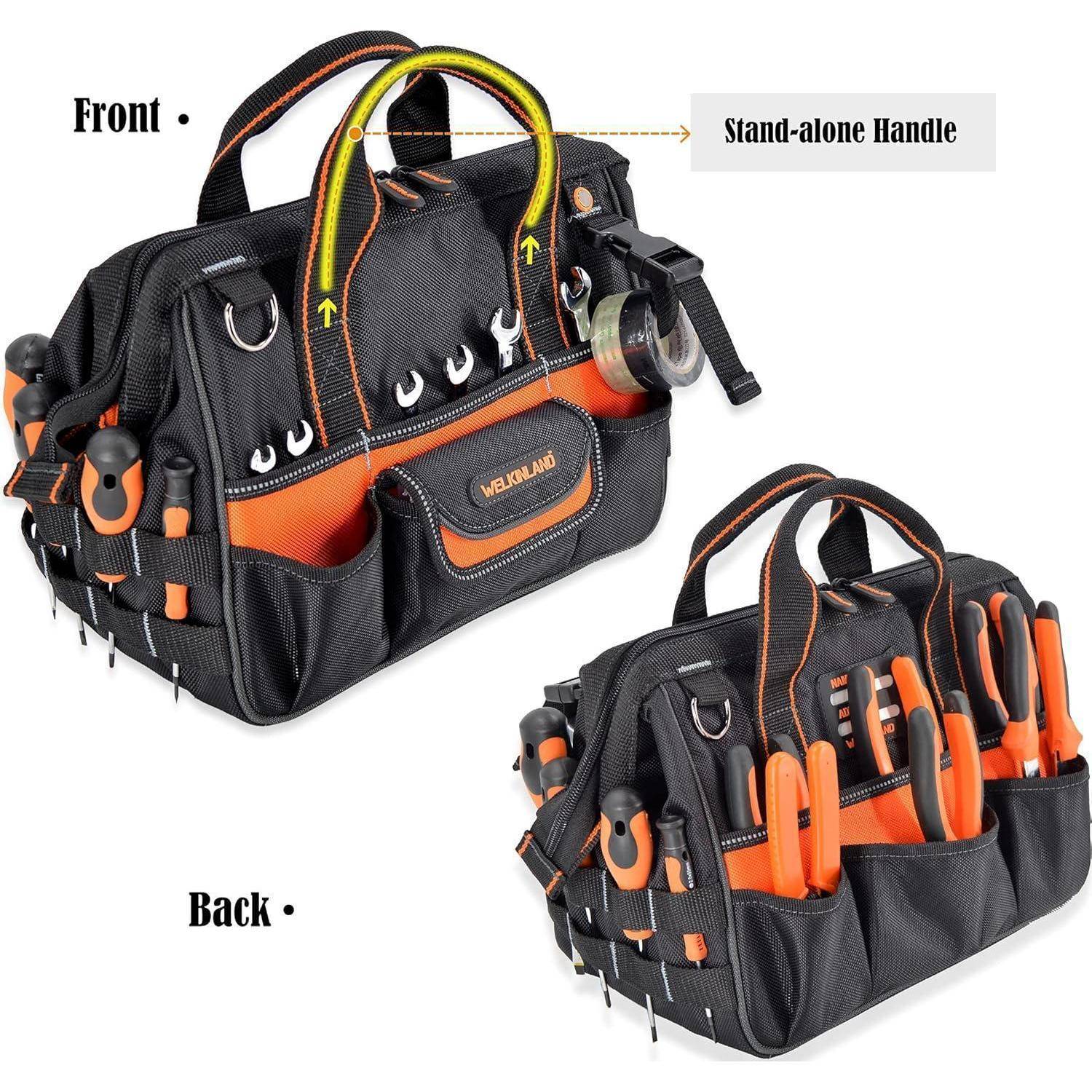 Eine schwarze und orangefarbene Werkzeugtasche mit mehreren Taschen wird präsentiert, die Vorder- und Rückansichten zeigt. Sie enthält verschiedene Werkzeuge und verfügt über einen separaten Tragegriff.