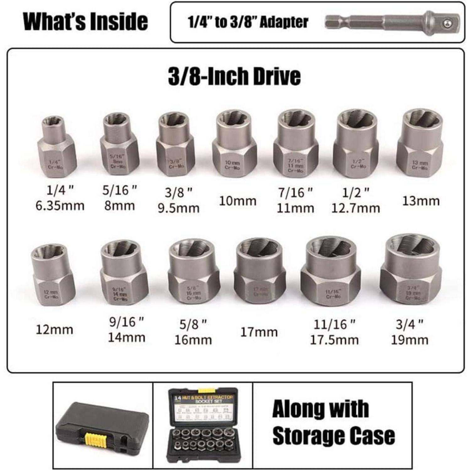Bolzenextraktor-Set 13-teilig 6,35-19mm 9,5mm Antrieb mit Adapter
