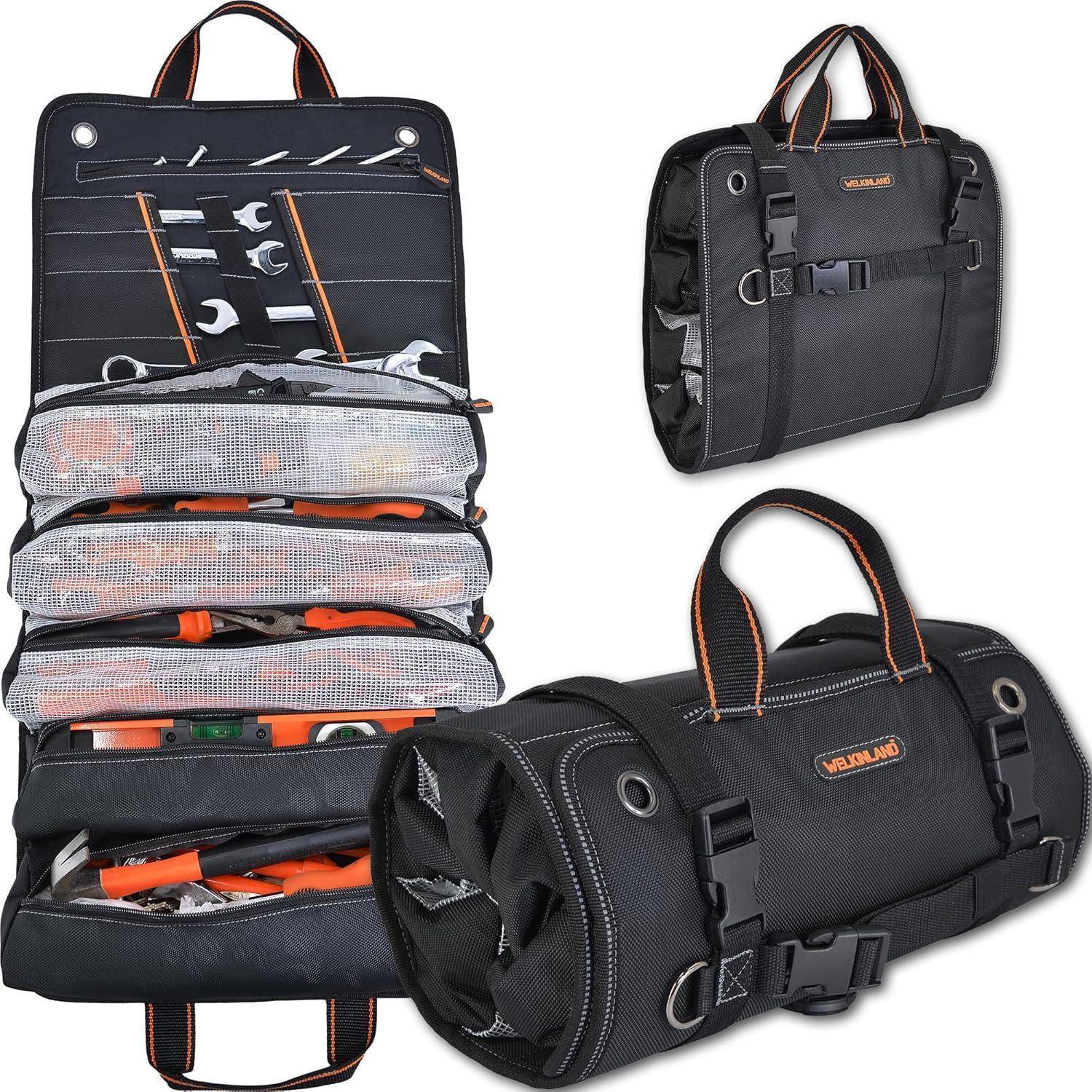 Eine schwarze und orangefarbene zylindrische Werkzeugtasche mit Netztaschen und Griffen, die mehrere Fächer voller verschiedener Werkzeuge zeigt.
