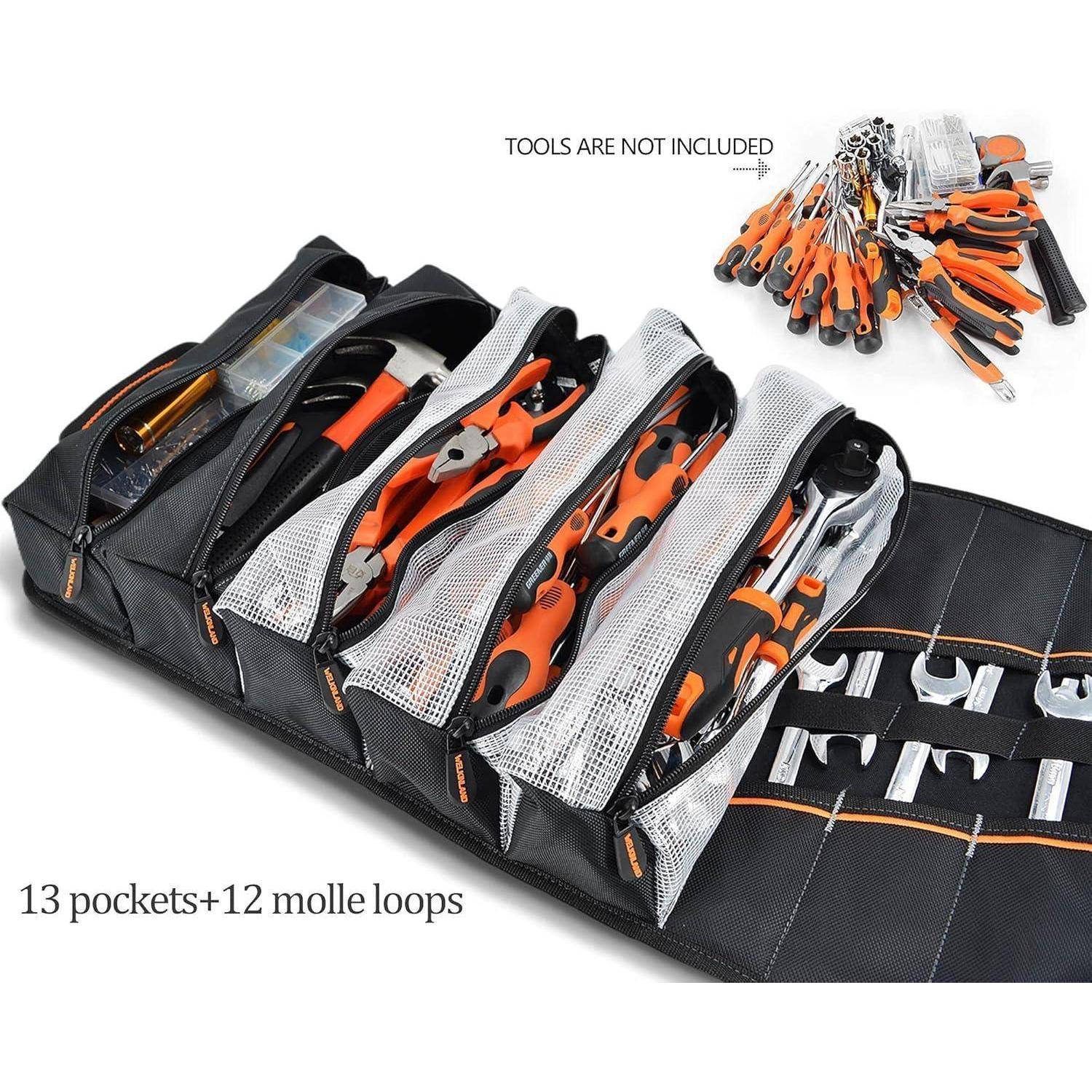 Eine Multifunktions-Werkzeugtasche mit offenen Fächern, in denen verschiedene Handwerkzeuge zu sehen sind. Text lautet '13 Taschen + 12 Molle-Schlaufen'. Die abgebildeten Werkzeuge sind nicht im Lieferumfang enthalten.