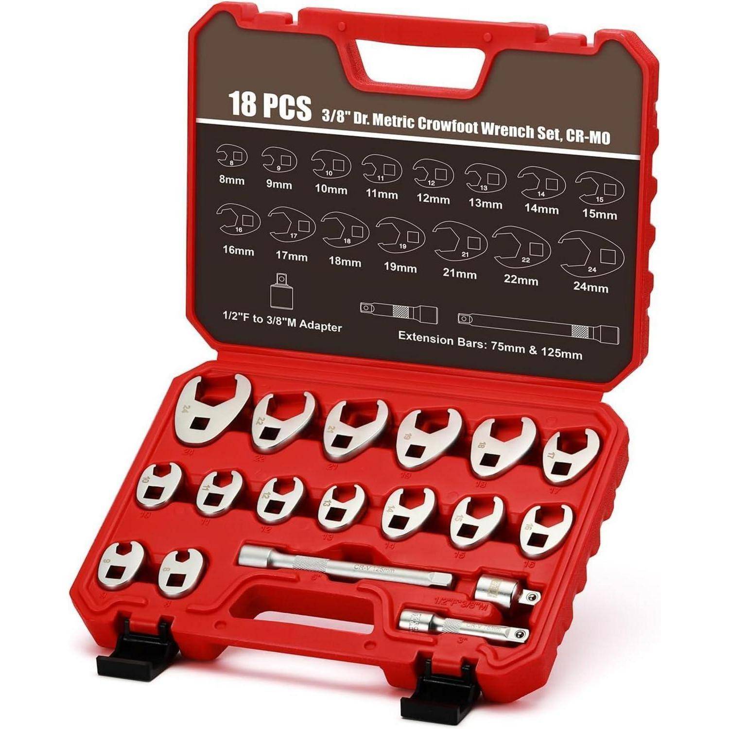 Ein rotes Etui mit einem 18-teiligen metrischen Kröpfschlüsselsatz mit Größen von 8 mm bis 24 mm. Enthält Verlängerungen und einen Adapter.