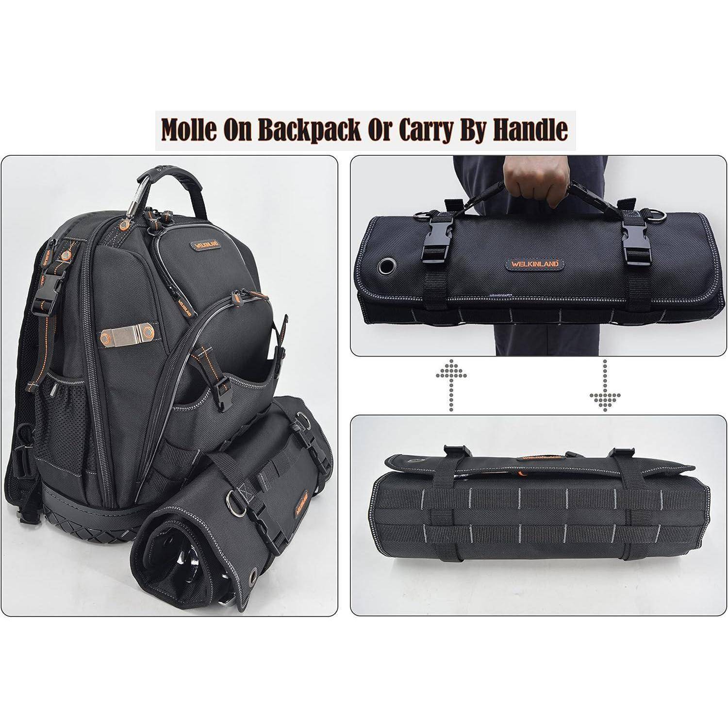 Rucksack und abnehmbare Rollentasche mit MOLLE-System und Tragegriffoptionen für vielseitiges Tragen.
